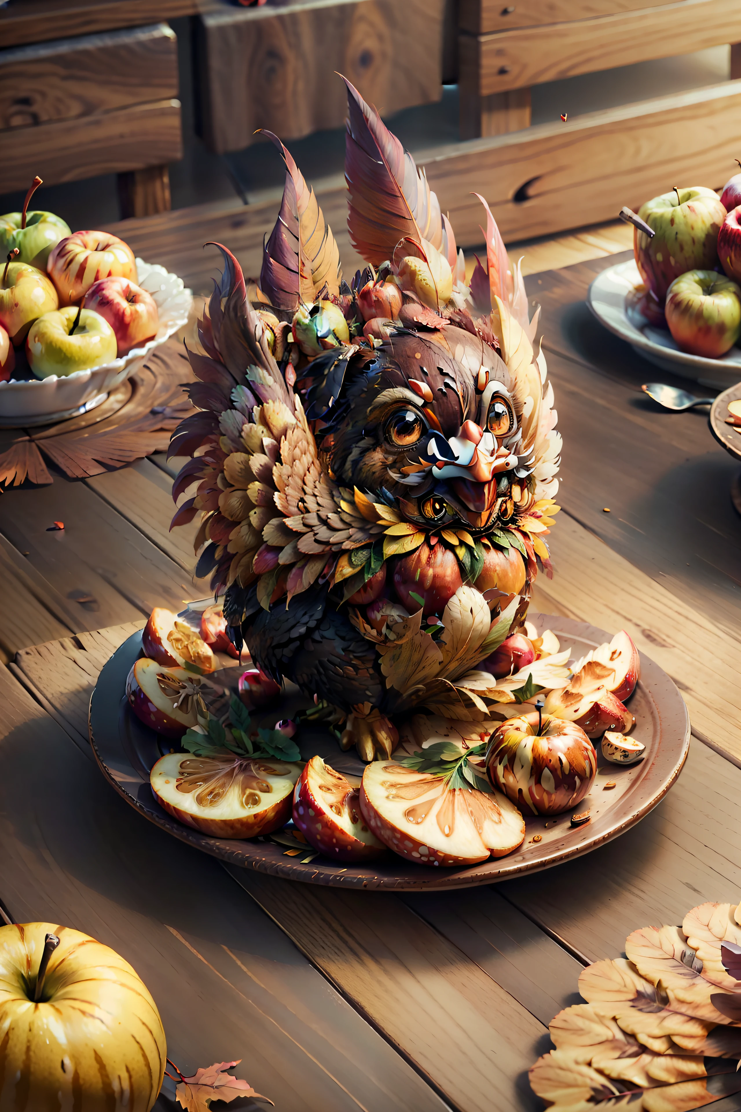 3D illustration, cute front cover with cute cartoon cheerful colorful turkey with big turkey feathers, luxurious tail feathers, roasted in a plate on the table among apples, autumn colorful leaves