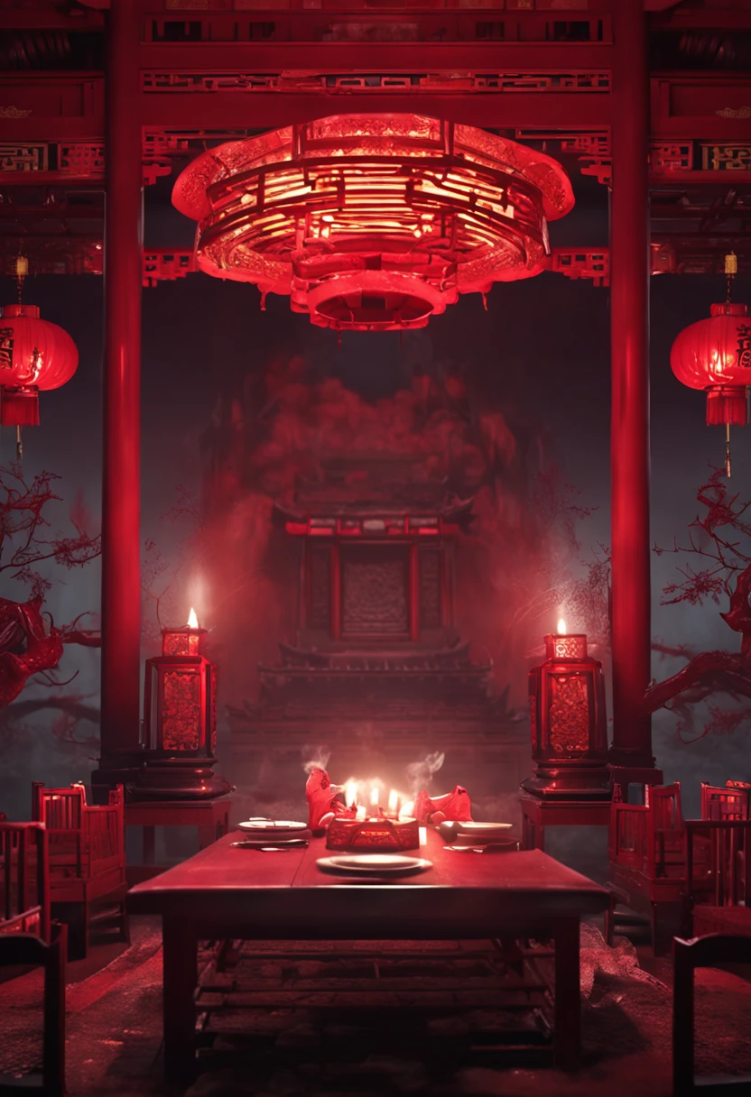 ((Modern horror art, 4K picture quality, Chinese style, masterpiece + ultra-detailed: 1.2, best quality), combined with the lost pagoda and the scenery of Chinese hell, set off the scene of ghosts and Taoists performing blood sacrifices at the table, dark green and dark red main colors and candlelight + shadows create a weird atmosphere, highlighting the ghost horror atmosphere) + (CGsociety: 1.2)