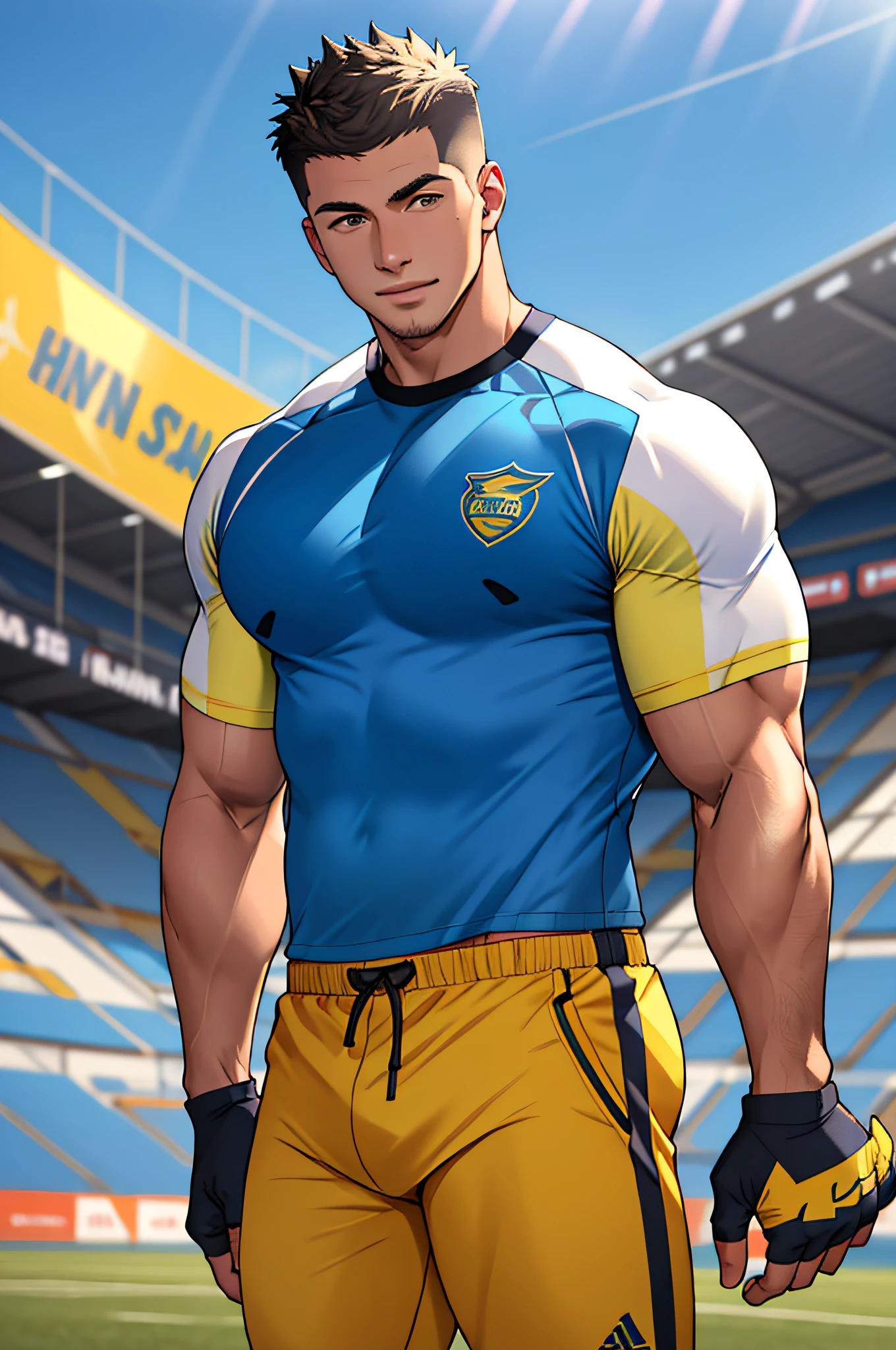 Draw a full-fledged athlete，Stand on the central field of the gym，He wears high-end sportswear，The man looks confident and determined，rays of sunshine，cheerful big breasts，Handsome，Crew cut，full bodyesbian，shooting from below，