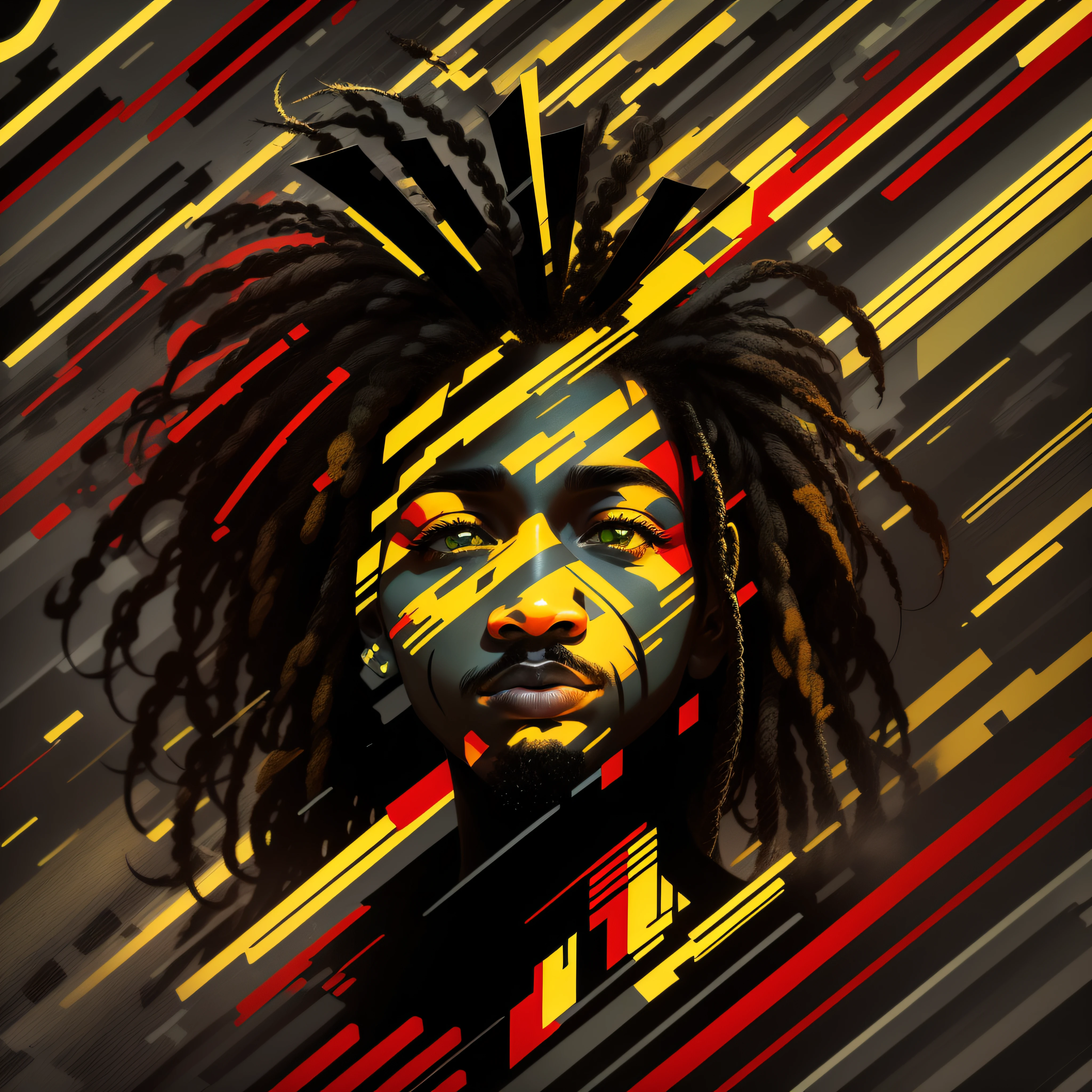 Create a logo with the head of a black man with dreadlocks in black colors, verde, amarelo e vermelho (olhando para a frente) , imagem estilo logomarca , Sober, (fundo preto), Image with resolution of at least 300dpi, UHD 8k, Very high quality for excellent printing. Lighting that highlights the figure in relation to the background, cores do reggae, Estilo da camada de disco