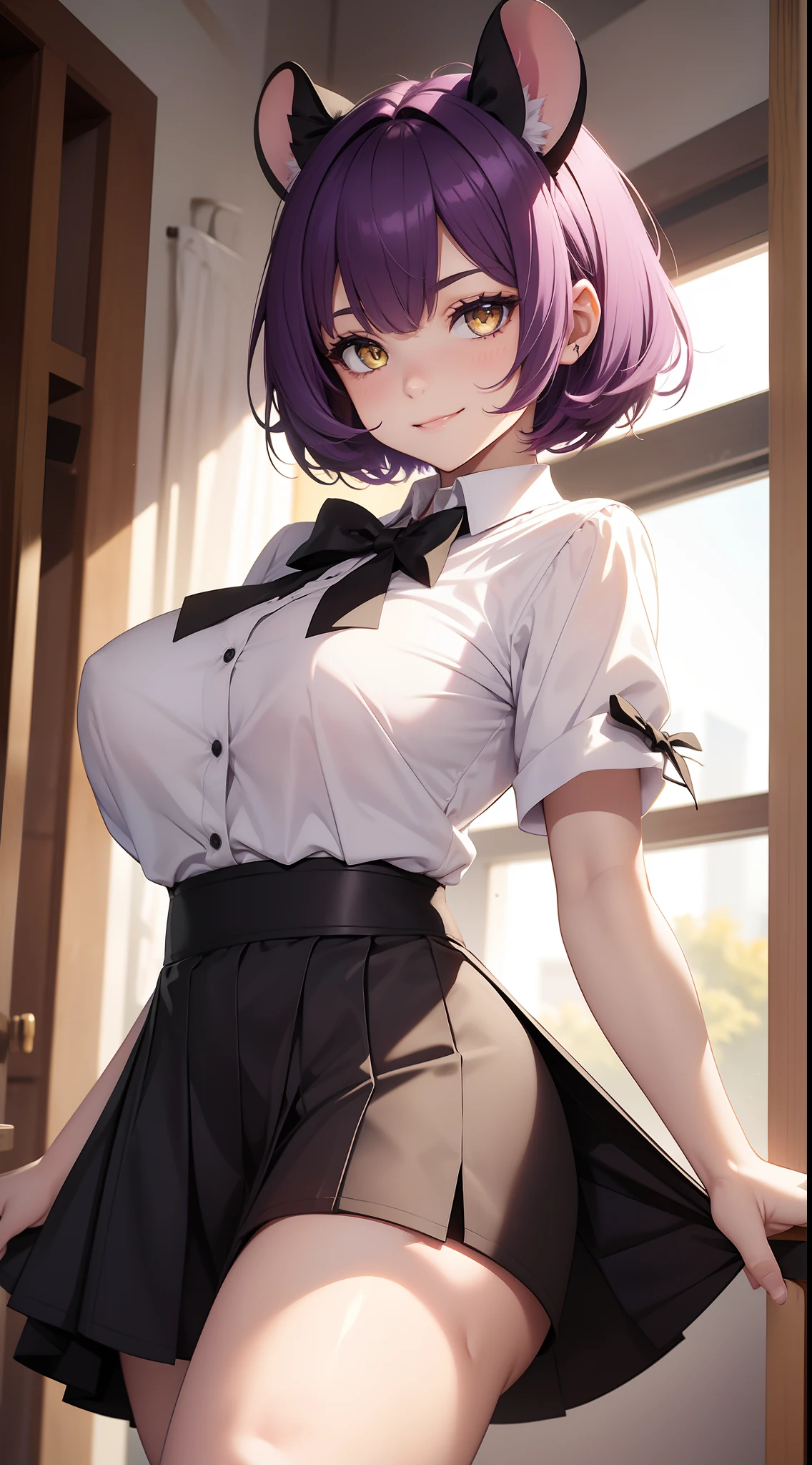 young girl, short purple hair, Yellow eyes, Mouse ears, tight white shirt with bow tie, tight black skirt, open breasts, Languid look, Lustful smile, Masterpiece, hiquality