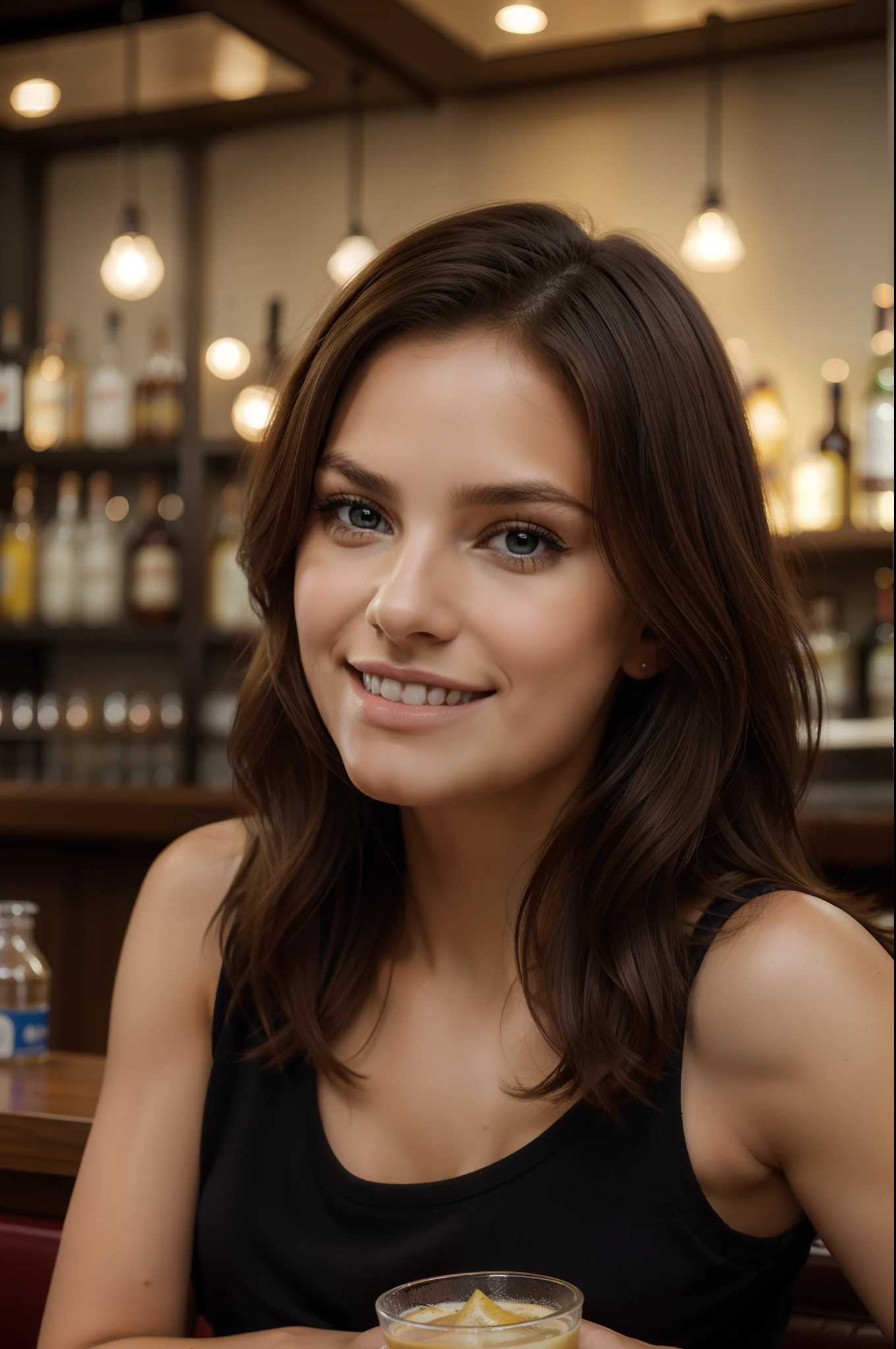 Belle brune aux reflets blonds drinking in a bar, Very detailed, 24 ans, visage innocent, natural wavy hair, yeux bleus, High resolution, masterpiece, Best quality, intricate high detail, highly detailed, mise au point nette, detailed skin, realistic skin texture, texture, detailled eyes, professionnel, 4K, sourire charmant, filmed on Canon, 85 mm, profondeur de champ, Couleur Kodak Vision, perfect fit body, Extremely detailed, photographier_\(ultra\), photoreallistic, Realstic, Post-traitement, maximum details, roughness, real life, ultra realist, photorealism, photographie, 8K UHD, photographie