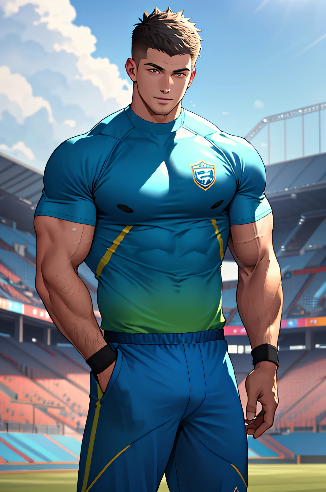 Draw a full-fledged athlete，Stand on the central field of the gym，He wears high-end sportswear，The man looks confident and determined，rays of sunshine，cheerful big breasts，Handsome，Crew cut，full bodyesbian，shooting from below，