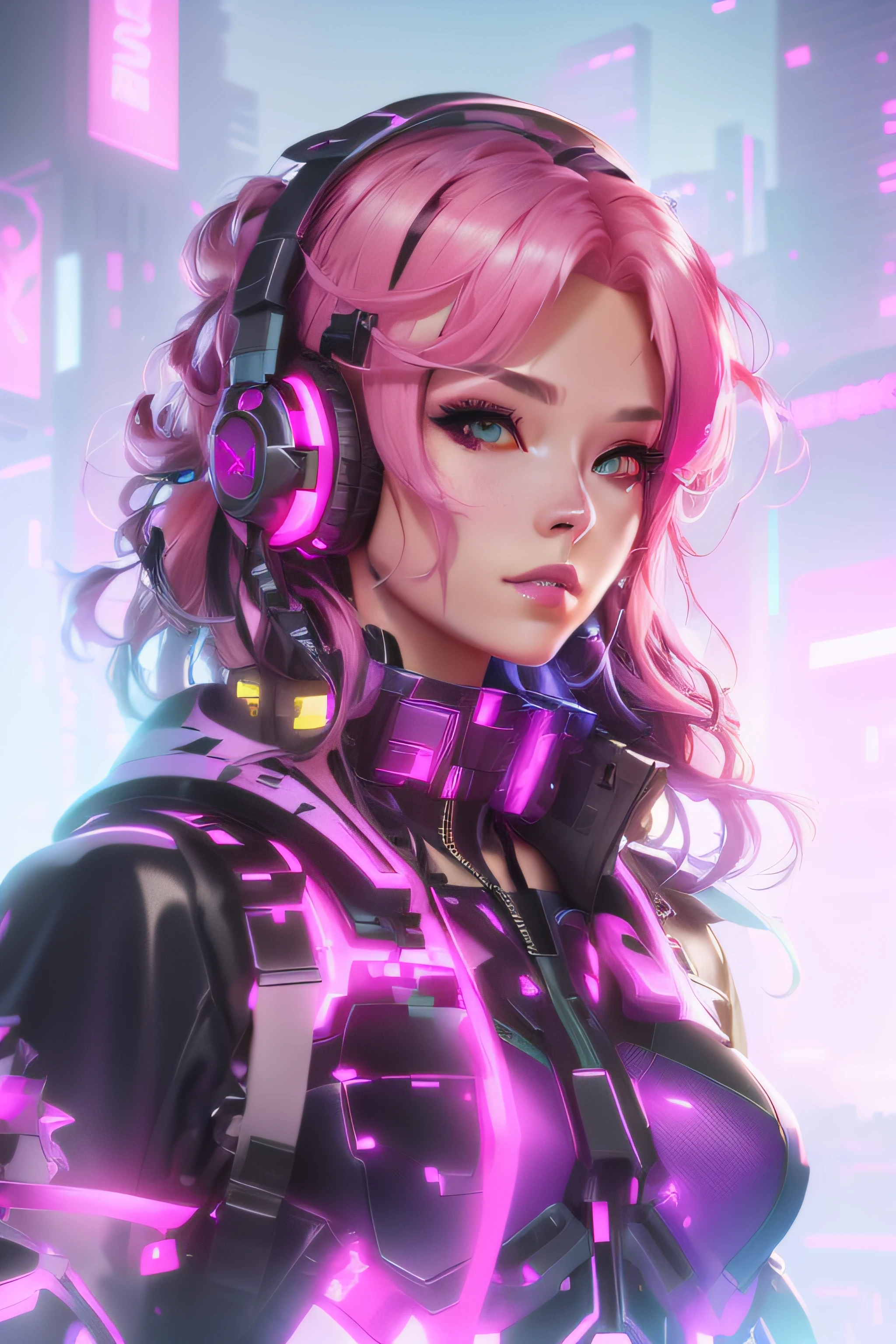 cyber girl with headphones and pink hair in a futuristic city, digital cyberpunk anime art, cyberpunk anime girl, female cyberpunk anime girl, digital cyberpunk - anime art, cyberpunk anime girl mech, ross tran 8 k, dreamy cyberpunk girl, cyberpunk anime art, anime cyberpunk art, cyberpunk beautiful girl, artwork in the style of guweiz, cyberpunk art style
