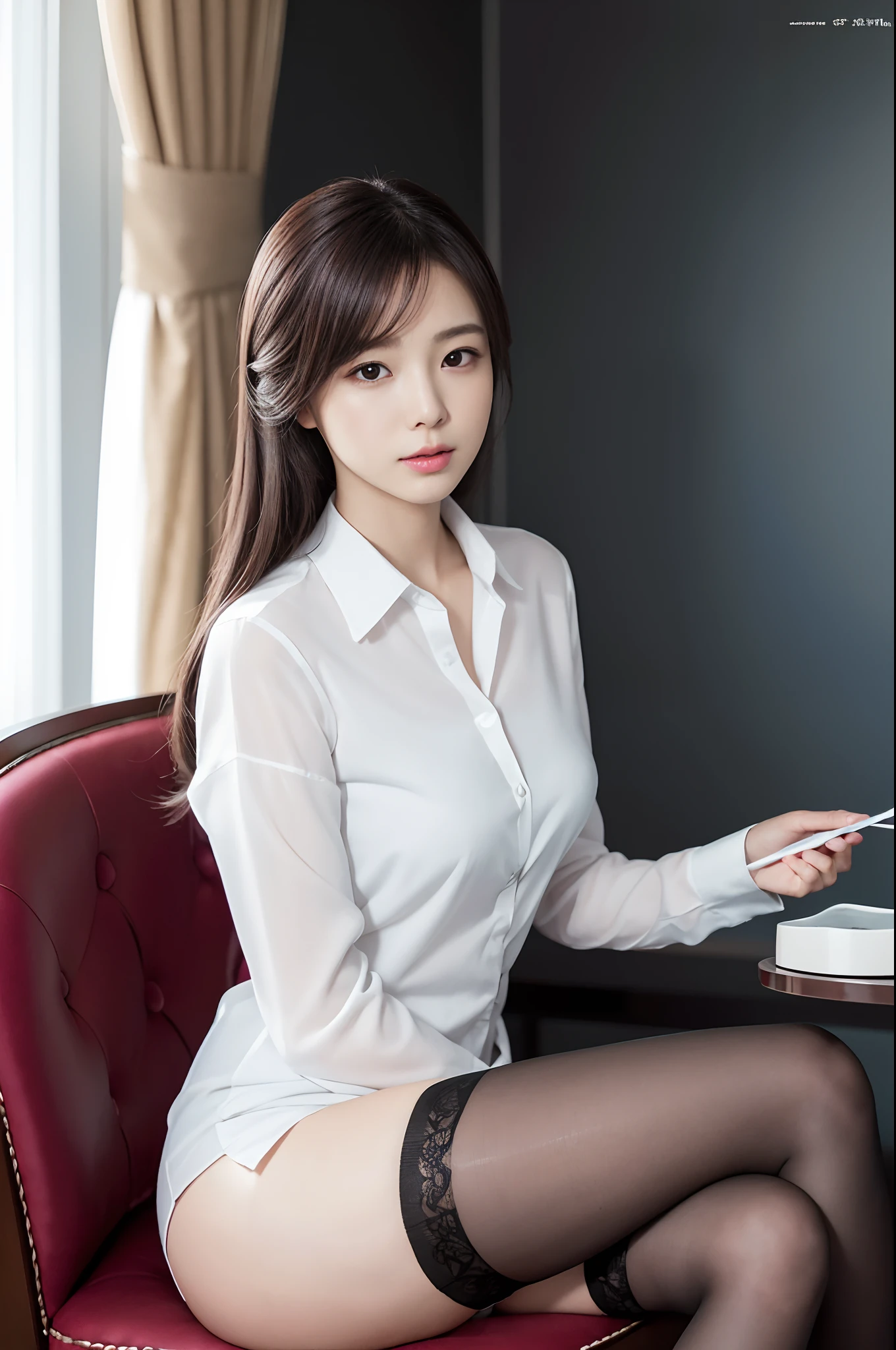 Elite secretary sitting on a chair in a hotel room, elegant legs, ((Wearing stockings))、crossed legs, Wearing a strict business suit, Sitting on a chair, Sitting in a chair, Wearing a business suit, legs crossed, in a business suit, Wearing a business suit, businesswoman、beauty legs、Japanese Models, beautiful japanese female, Elite Secretary Young Japan Women, a japanese girl, Beautiful young Japan woman, Man Japan Woman、Raw photo, (8K、top-quality、masterpiece:1.2)、(intricate detailes:1.4)、(Photorealsitic:1.4)、octane renderings、Complex 3D rendering ultra detail, Studio Soft Light, Rim Lights, vibrant detail, super detailing, realistic skin textures, Detail Face, Beautiful detail eyes, Very detailed CG Unity 16k wallpaper, make - up, (detailedbackground:1.2), shinny skin、Exposed thighs!!!、