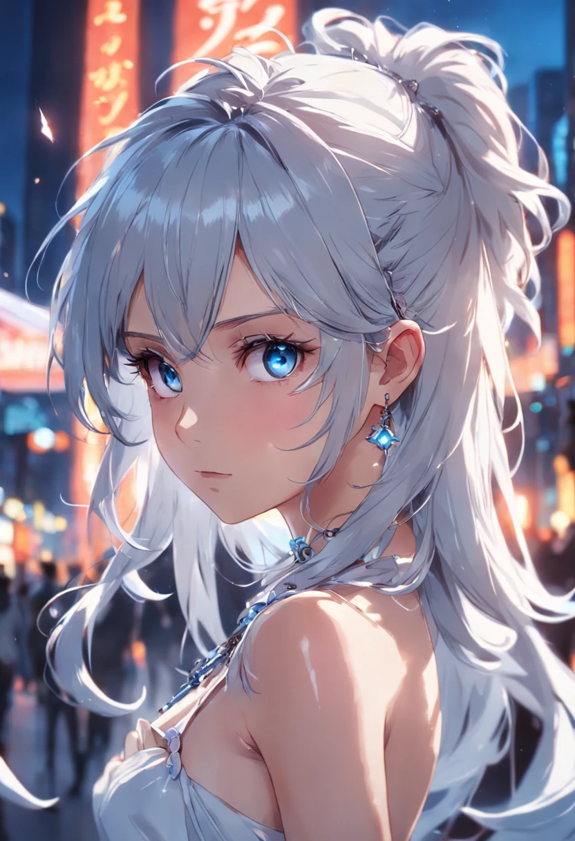 masterpiece, best quality, illustration, sax blue, platinum earrings, platinum necklace, white dress, 1girl, cute, (dynamic lighting:1.2), cinematic lighting, delicate facial features, detailed eyes, sharp pupils, realistic pupils, depth of field, bokeh, sharp focus, (hyper-detailed, bloom, glow:1.4), many small gems