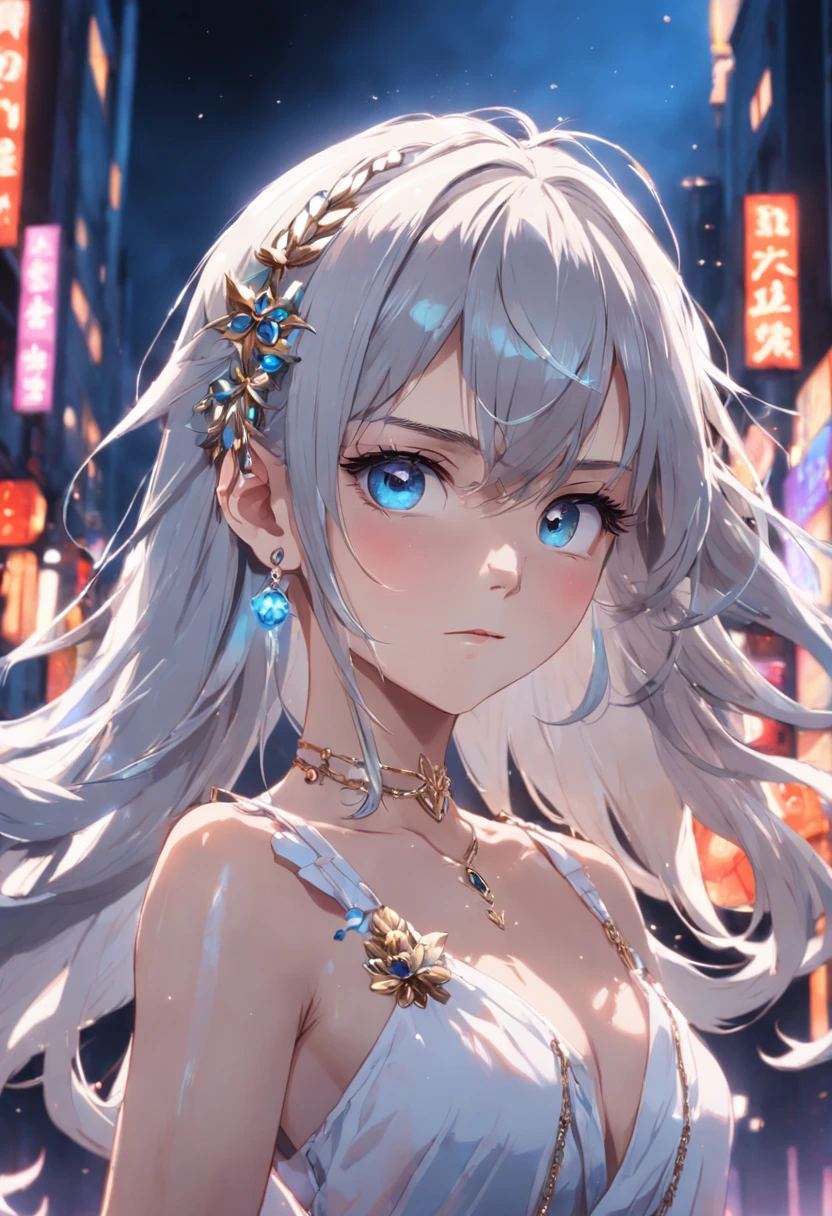 masterpiece, best quality, illustration, sax blue, platinum earrings, platinum necklace, white dress, 1girl, cute, (dynamic lighting:1.2), cinematic lighting, delicate facial features, detailed eyes, sharp pupils, realistic pupils, depth of field, bokeh, sharp focus, (hyper-detailed, bloom, glow:1.4), many small gems