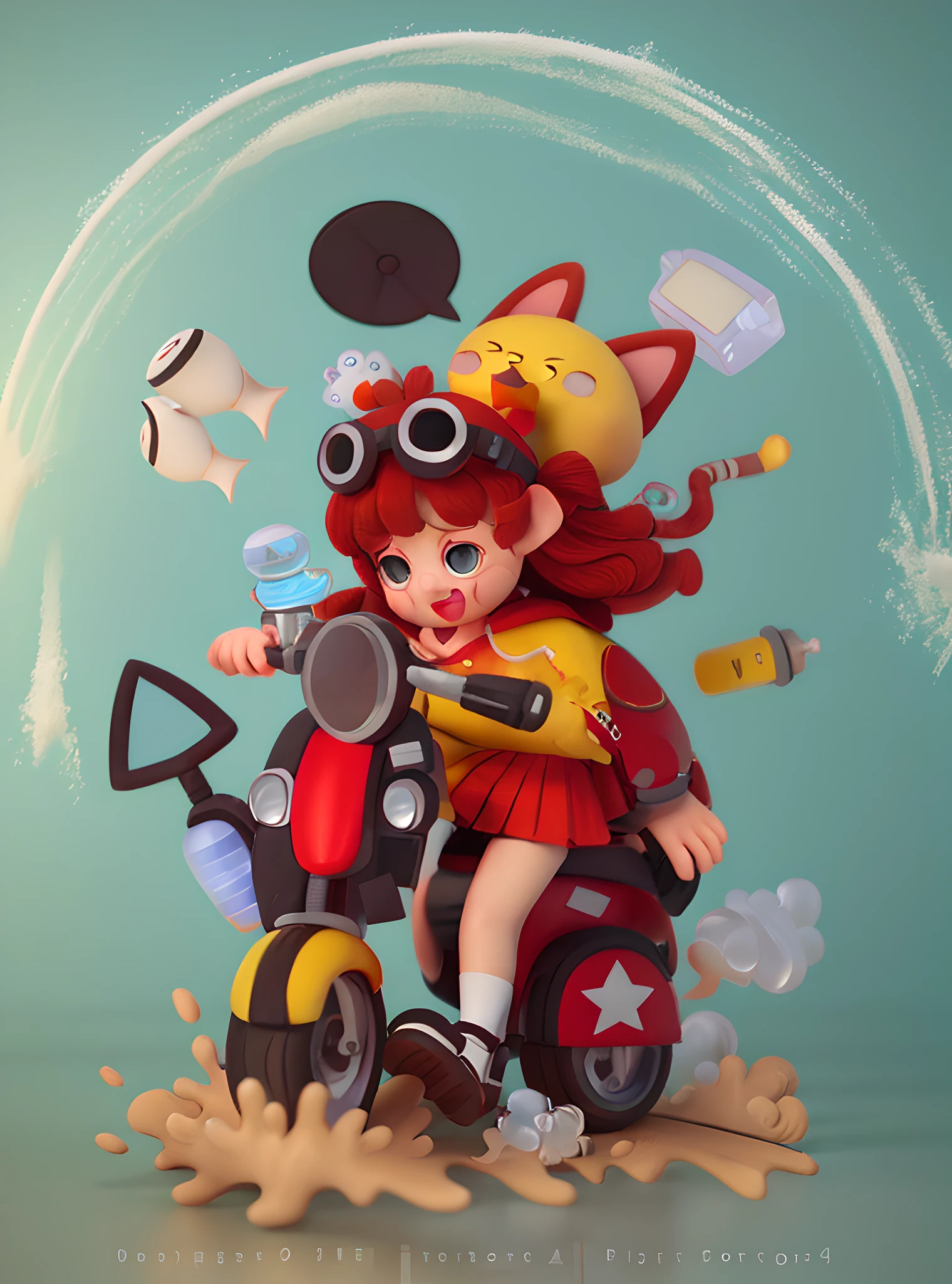 (sfv:1.2),Best quality, Masterpiece,1 girl, motorcycle, little duck, Baby bottles, Tv, Chat bubbles, Splash, dress, Kitten,。.3D,C4D,blender