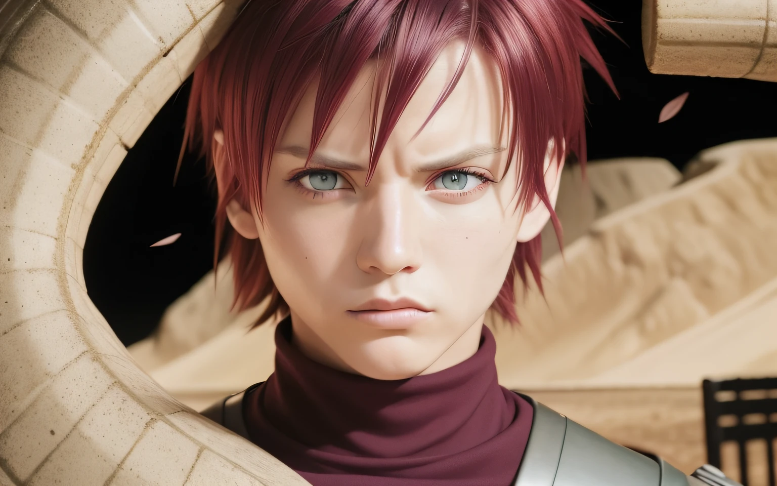 green eye, full eye shadow, maroon hair, sand barrel, maroon turtle neck with silver on the shoulders, kazekage gaara, gaara, anime, anime naruto, landscape photo, cool face