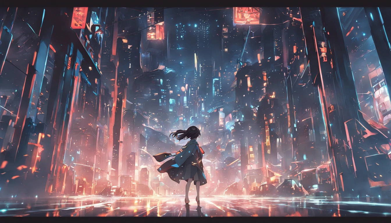 cyber punk perssonage, high high quality, dark future, city scenery, Buildings, Mechanical devices, Lens light leakage, Cold light effect