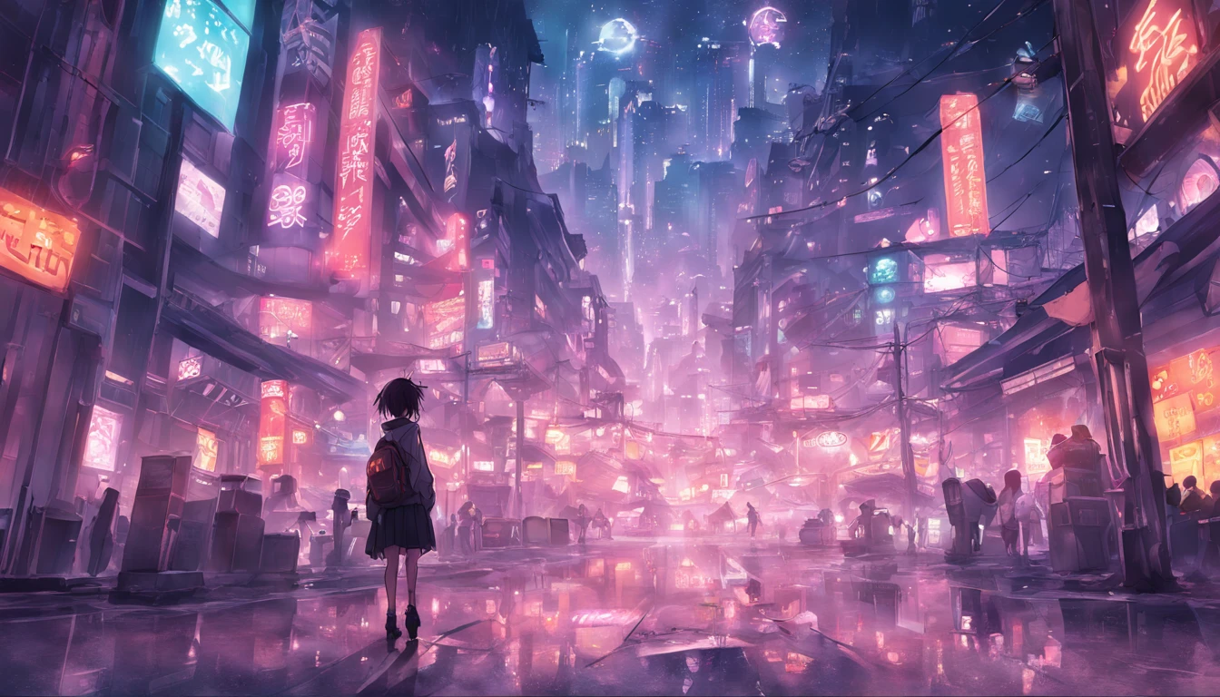 cyber punk perssonage, high high quality, dark future, city scenery, Buildings, Mechanical devices, Lens light leakage, Cold light effect