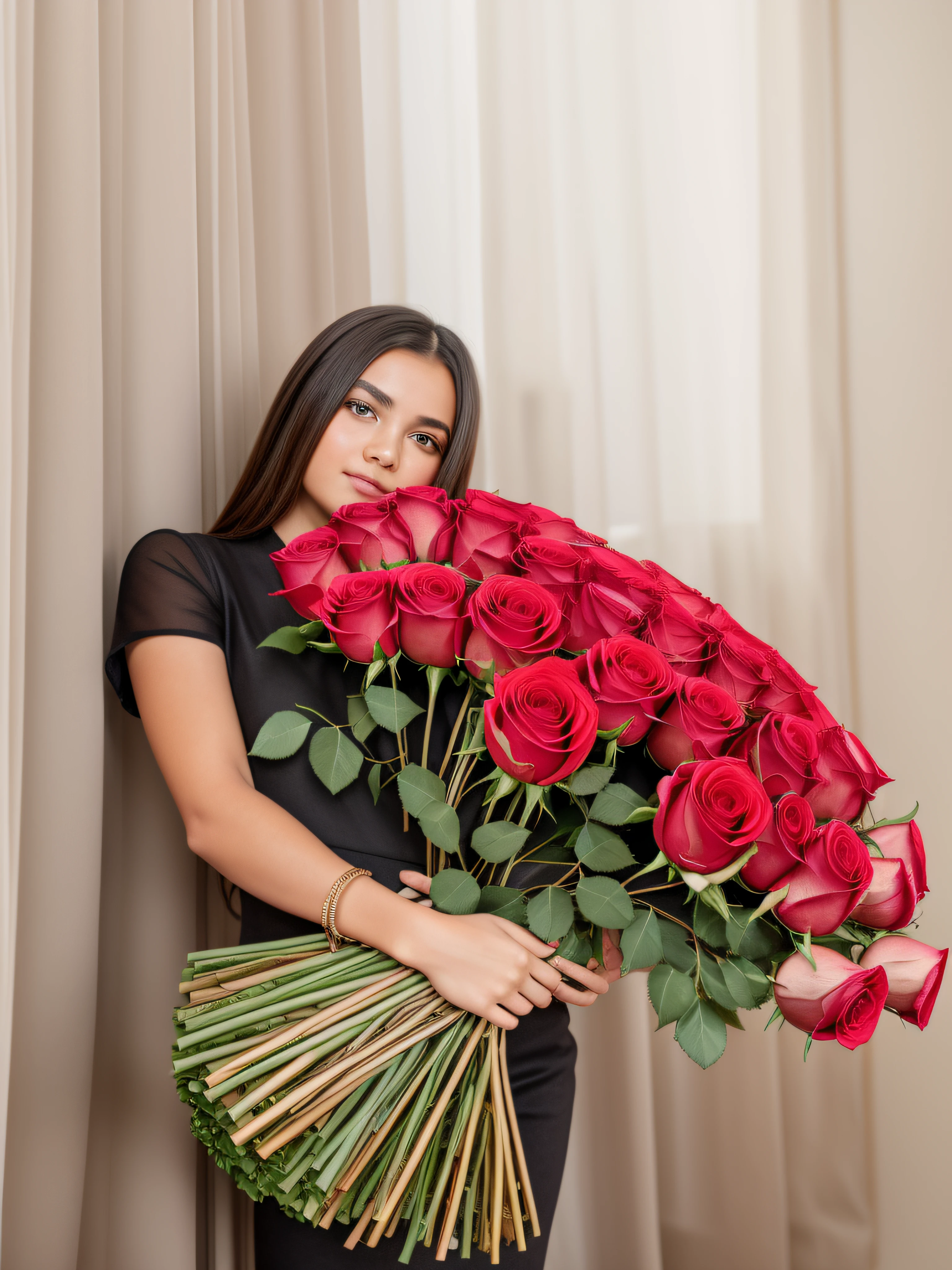 A girl against the background of a wall and curtains holds a large bouquet of roses , 8K cinematic high-definition image, brightly