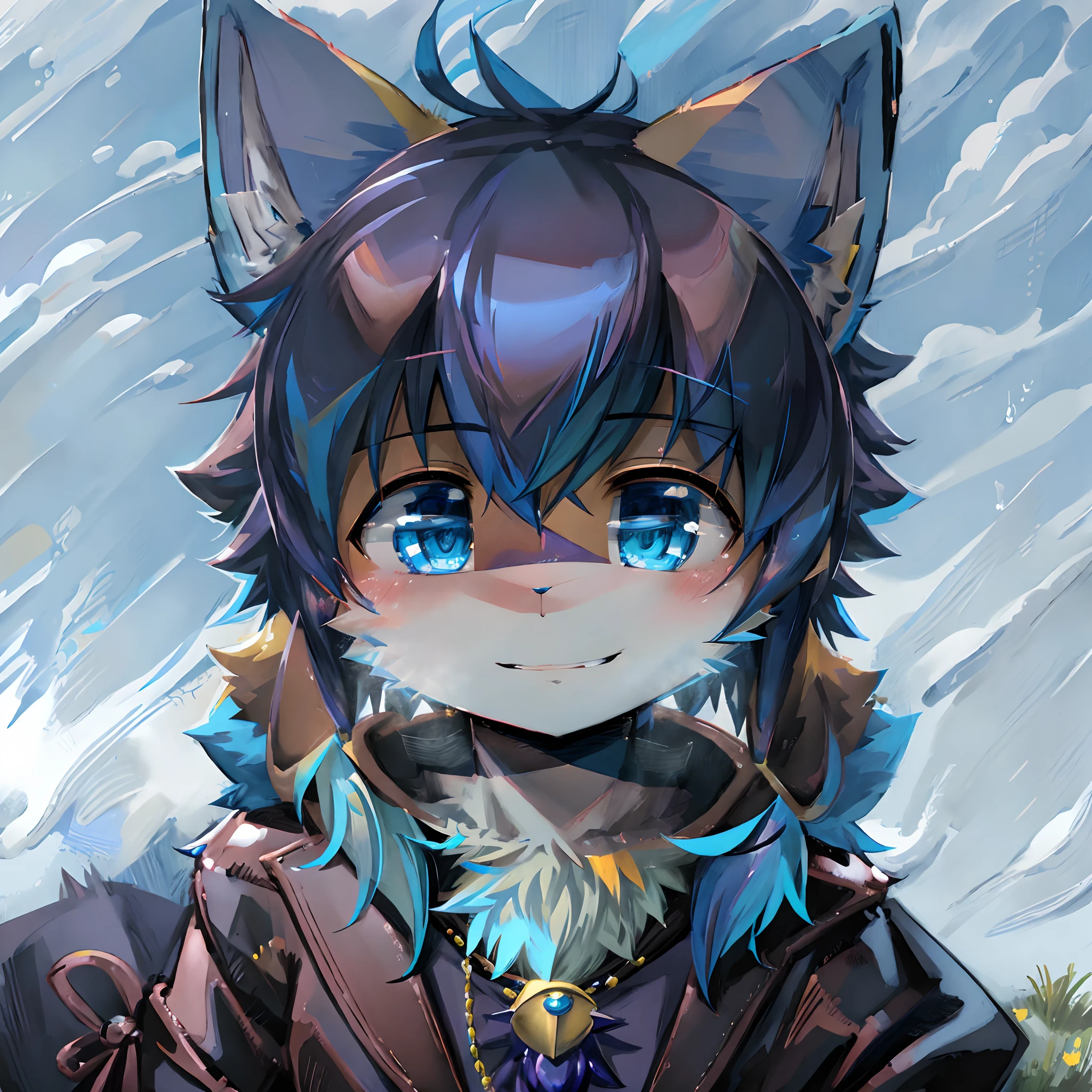 Anime - style image of a cat with blue eyes and a black coat, fursona art, furry character portrait, very very beautiful furry art, fursona furry art commission, fursona commission, fursona!!!!, furry fursona, portrait of an anthro fox, anthro portrait, Furry art!!!, Furry character, commission for high resolution, Detailed fanart,Rain background,rainbowing,portrait of zeraora,smiling expression!!!!felid,Black color hair!!!!There is a purple pearl pendant around the neck!!!!!!!Most of the blue hair on the face!!!!!!!The face has blue-blue fur!!!!!!