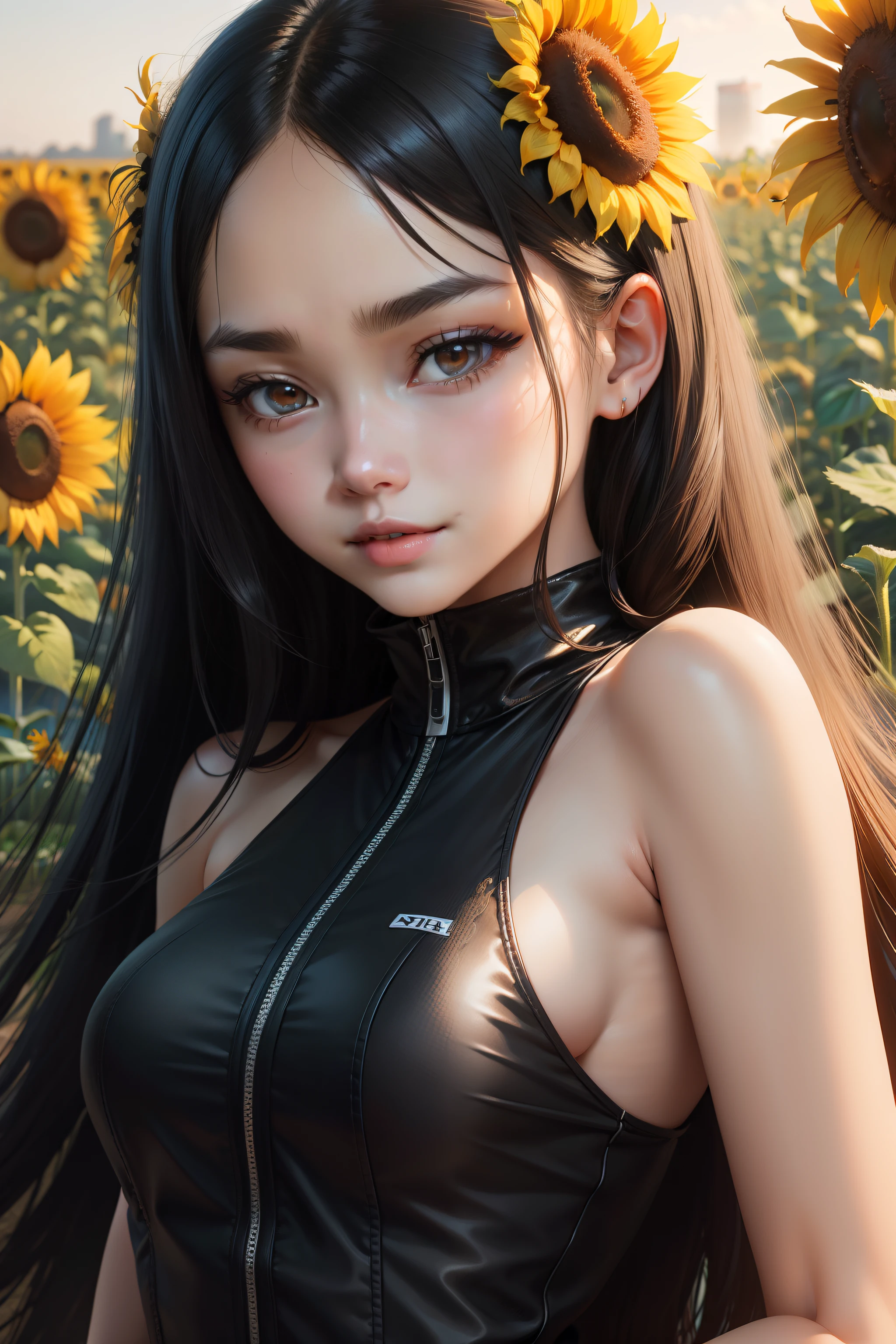 Young face woman in one piece with little exposure a smile Black long hair Egg-shaped face Narrow eyes with large dark eyes Gentle eyebrows Height 155 Sex like a sunflowers fields