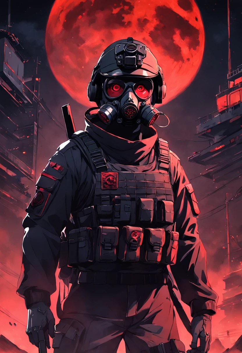 portrait of spec ops soldier scp complex, dark background, black uniform, gas mask, tactical equipment, red moon in the background, red moon, red moon behind the character,