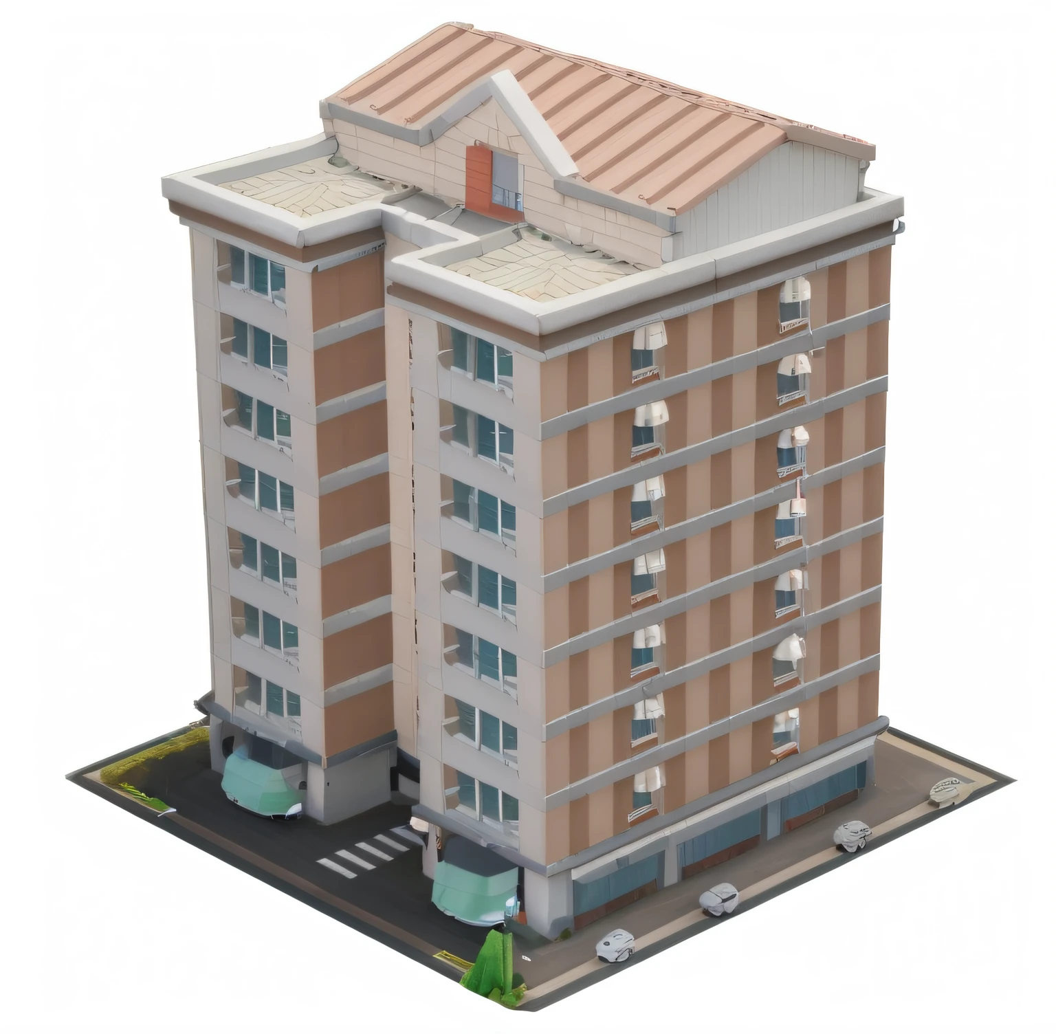 Arafeld image，A car was parked in front of a building, full building, Single building, realistic building, multistory building, Isometric house, an extremely detailed building, isometric 3d render, fully built buildings, Tall building, 3 d isometric, 3d isometric, pre-rendered, prerendered isometric graphics, arte renderizada