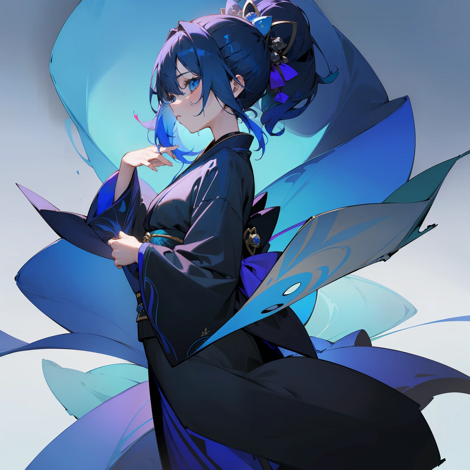 (Beautifully Aesthetic:1.2)、(1girl in:1.3)、(Black and blue colorful hair:1.2)、Wearing a colorful blue and black kimono、Blue Rose、miracle、God bless、mystical、