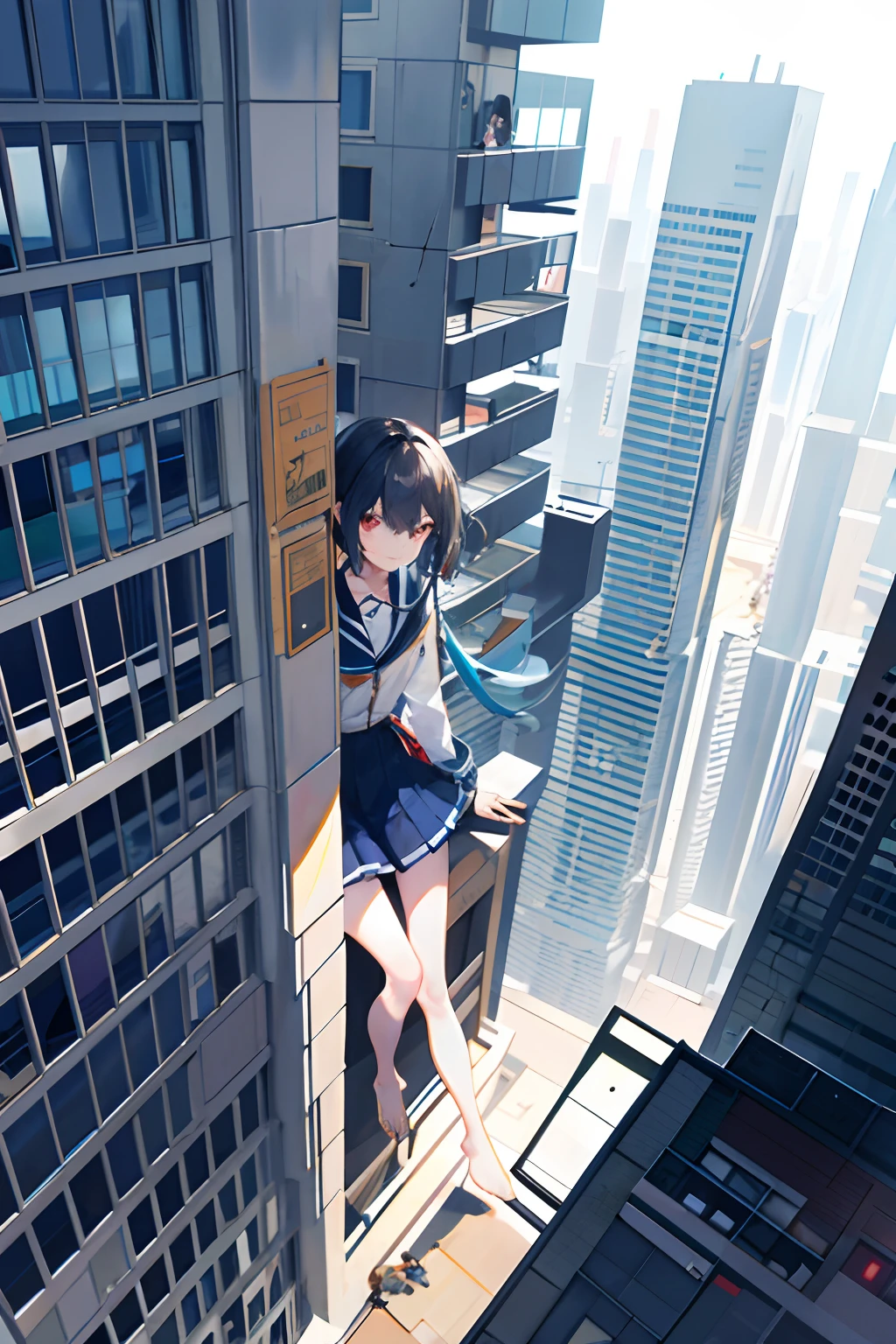 1girll,Quadriceps,GTSCity,Crawl in the middle of buildings,30 meters tall,Extra-long legs,extremely beautiful legs,Feet touching the ground,adolable,Holding a little boy,is shocked,destroying buildings,Sit on the roof,pretty hand,Best quality at best,tmasterpiece,top views,Bigger than the building,Anatomy good,((Height difference:1.2)),embarressed,ssmile
