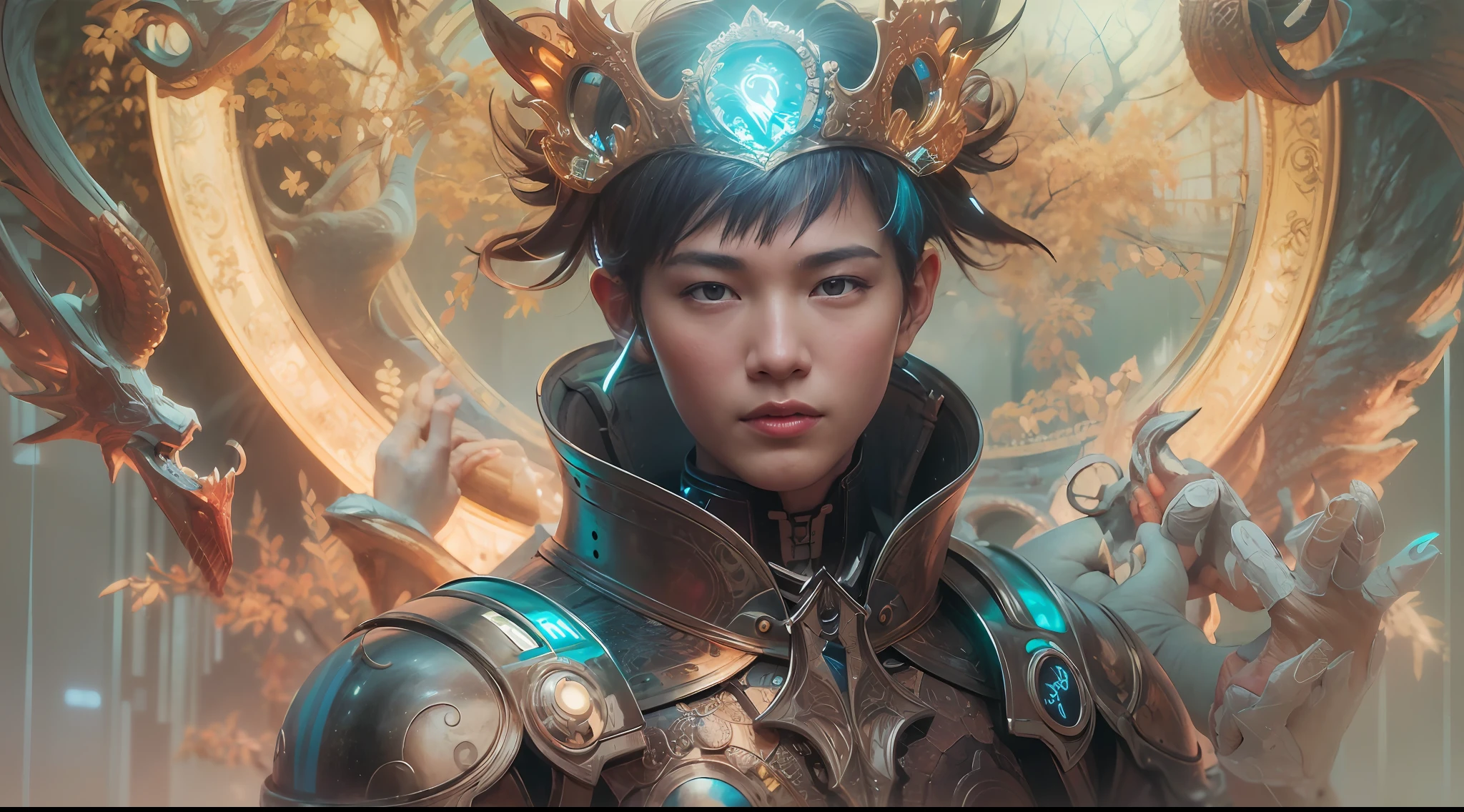 1boy, photo of very very handsome suave smiling young 25-year-old male Chinese prince, clothed in futuristic cybernetic armor, wearing a large futuristic crown, walking in an ethereal enchanted forest with neon glowing flowers and a rainbow in the sky, sci-fi, intricate, neon light, ((perfect face)), ((perfect hands)), ((perfect body)), ((correct anatomy)), ((ultra-realistic)), ((8k, UHD)), highly detailed, digital painting, artstation, concept art, human anatomy, soft light, smooth, illustration, art by tian zi and craig mullins and WLOP and alphonse mucha