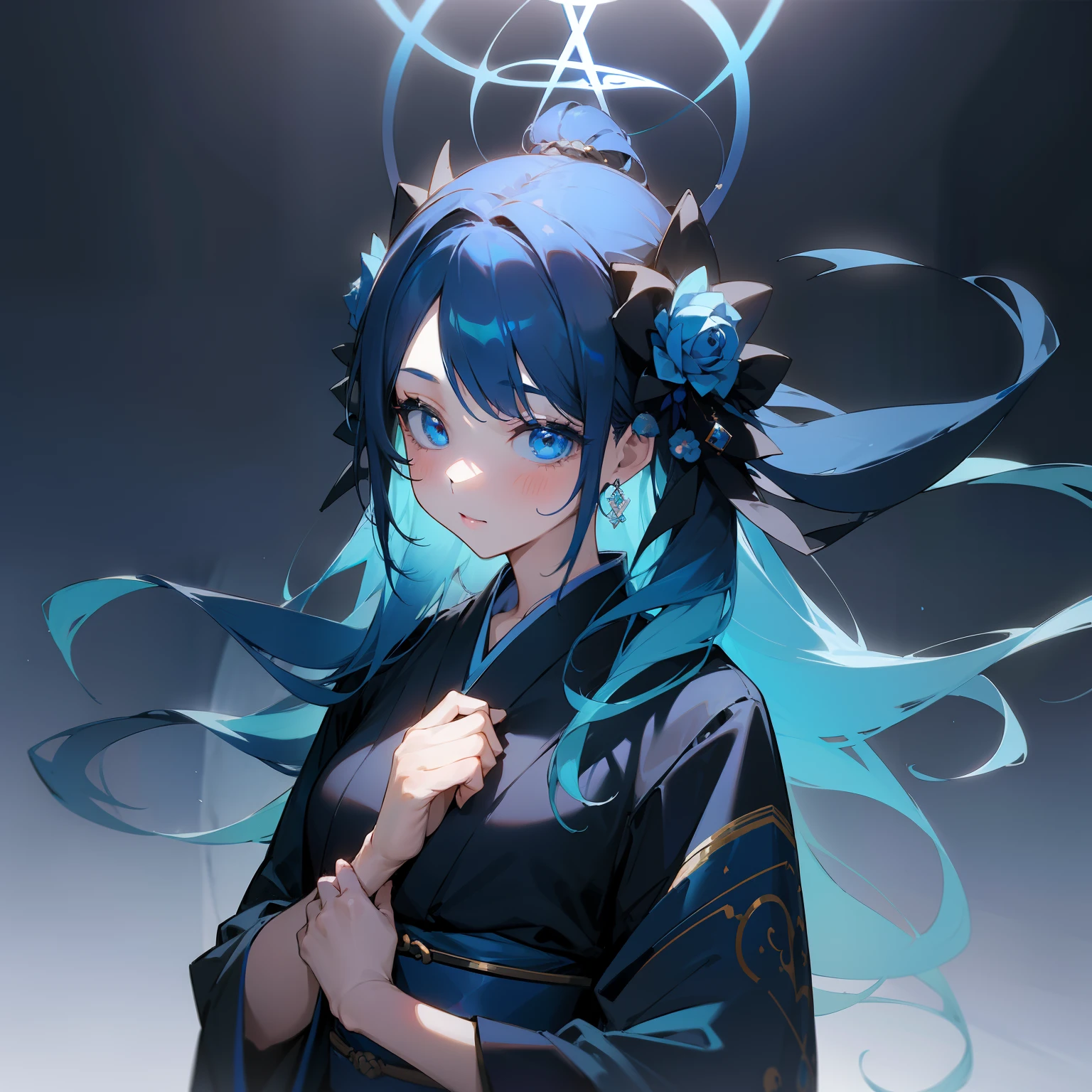 (Beautifully Aesthetic:1.2)、(1girl in:1.3)、(Black and blue colorful hair:1.2)、Wearing a colorful blue and black kimono、Blue Rose、miracle、God bless、mystical、