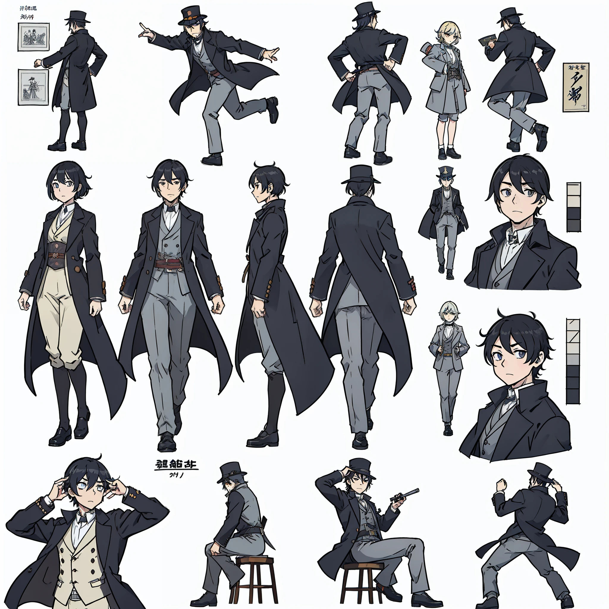 front view, side view, anime male, full body, sketch, model sheet, pose t, t pose, idle pose