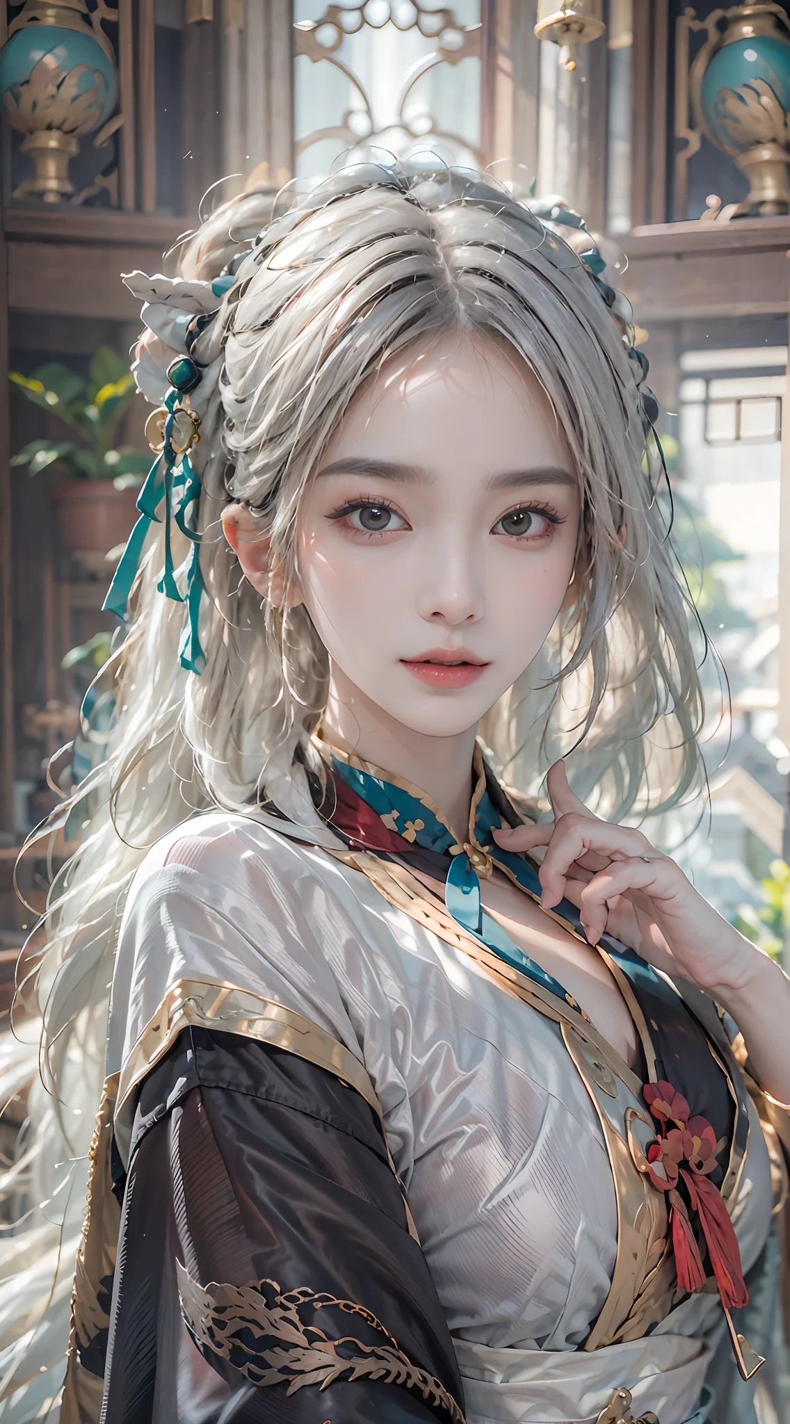 Best quality,Masterpiece,超高分辨率,(Photorealistic:1.4),xiuxian,arma,Detailed face, 1girll,Solo,arma,cleavage,(Magical Circle:1.2),xiuxian,Upper body,Beautiful girl,full bodyesbian,east asian architecture, white hair,architecture,