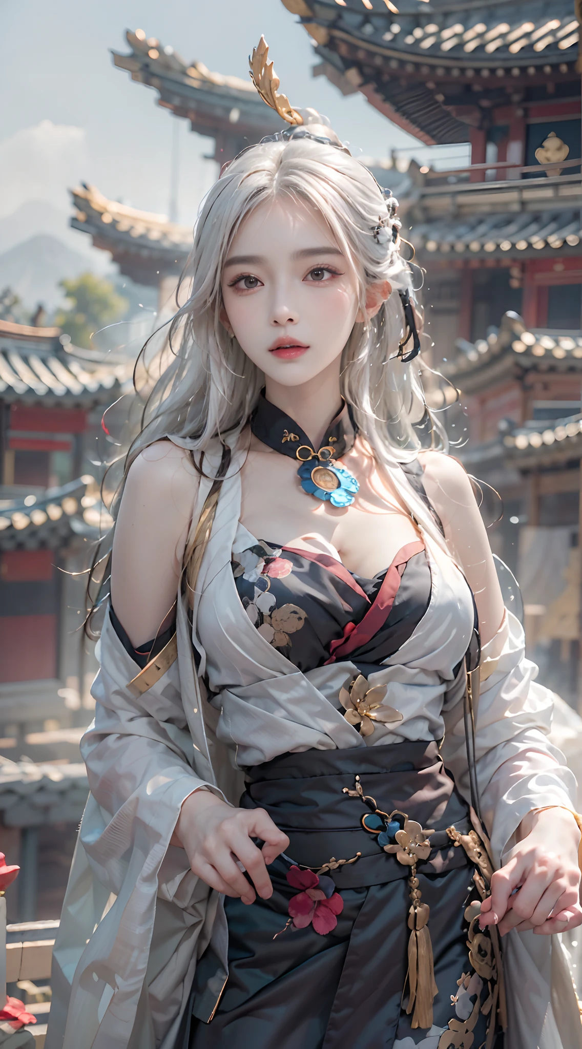 Best quality,Masterpiece,超高分辨率,(Photorealistic:1.4),xiuxian,arma,Detailed face, 1girll,Solo,arma,cleavage,(Magical Circle:1.2),xiuxian,Upper body,Beautiful girl,full bodyesbian,east asian architecture, white hair,architecture,