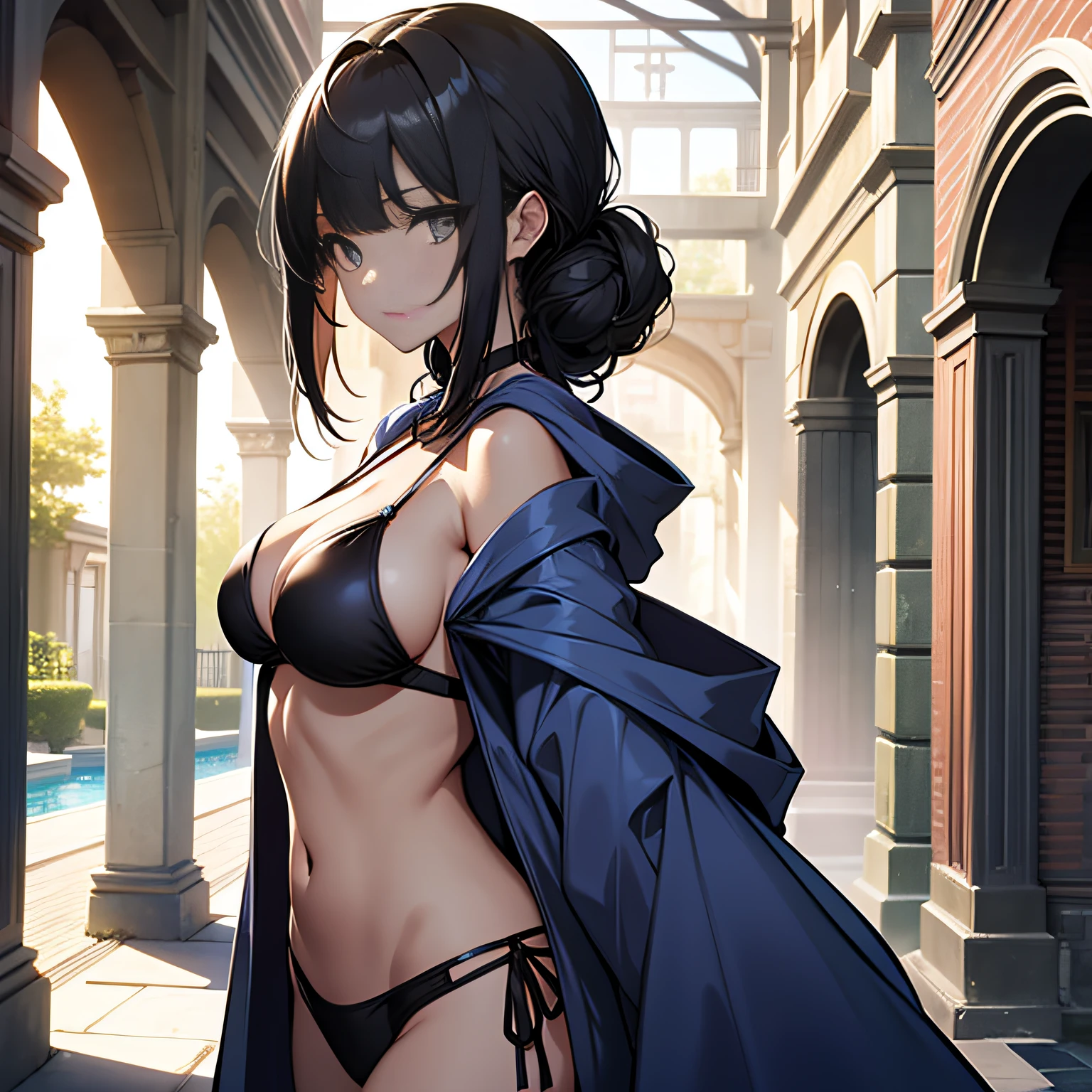 top-quality、extremely delicate and beautiful、femele、（blue robe）、A dark-haired、verd s eyes、Black Bikini、Black bikini on lower body、poneyTail、is standing