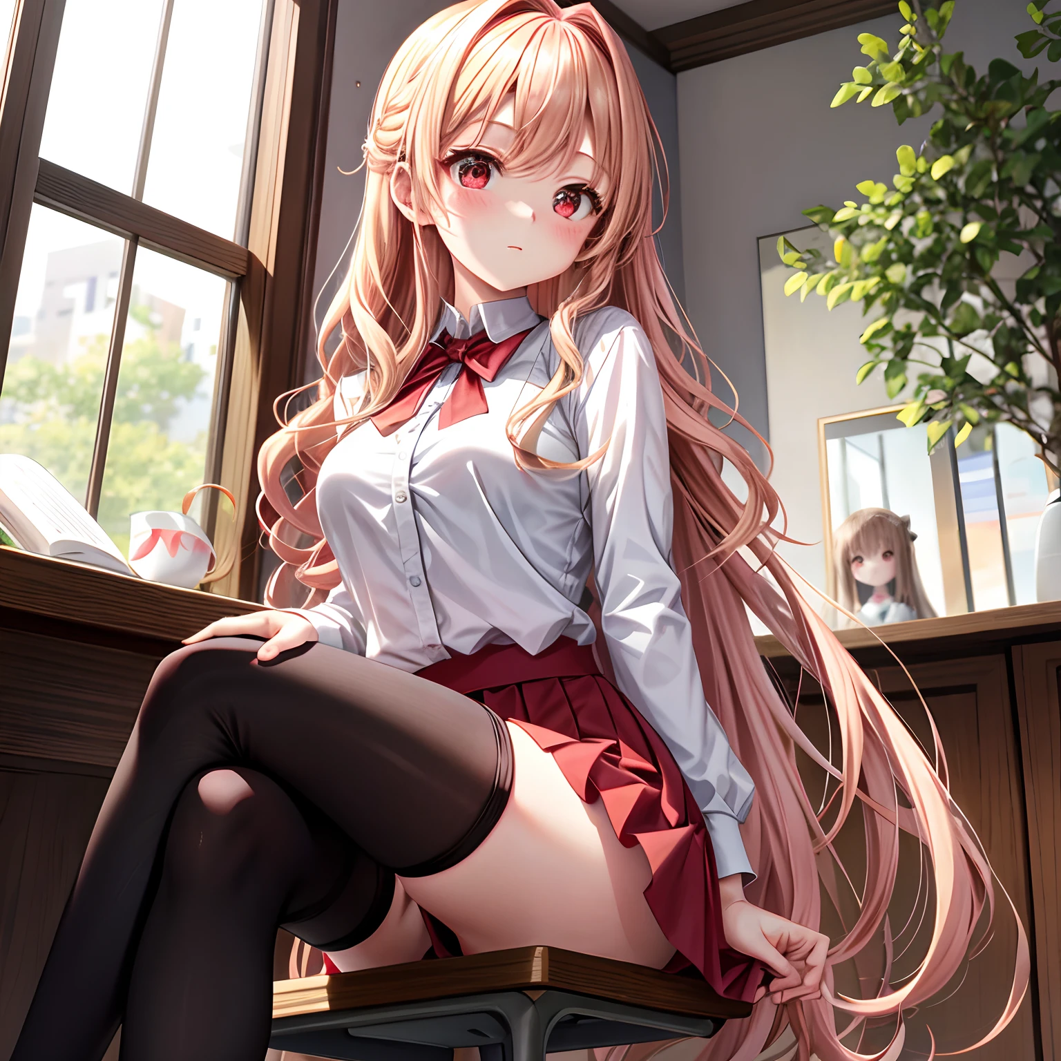 red blush、blonde  hair、Wavy hairstyle、red eyes、Beautiful girl alone、animesque、独奏、a miniskirt、tights、lonely、sitting on