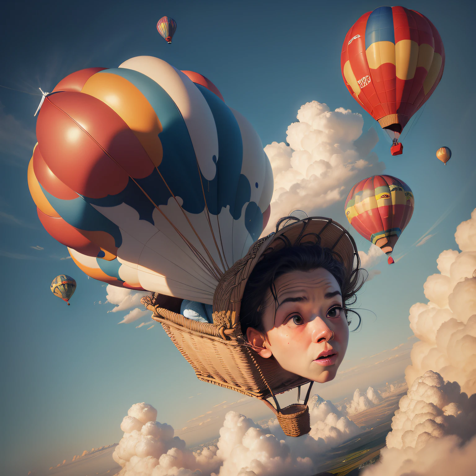 hyper-realistic image of air balloon. From the basket of the balloon, depict documents falling and soaring towards a box lon the ground. The lighting should be soft and diffused. Use a wide-angle lens on a professional-grade DSLR camera to capture the entire scene. The composition should place Burry off-center.)