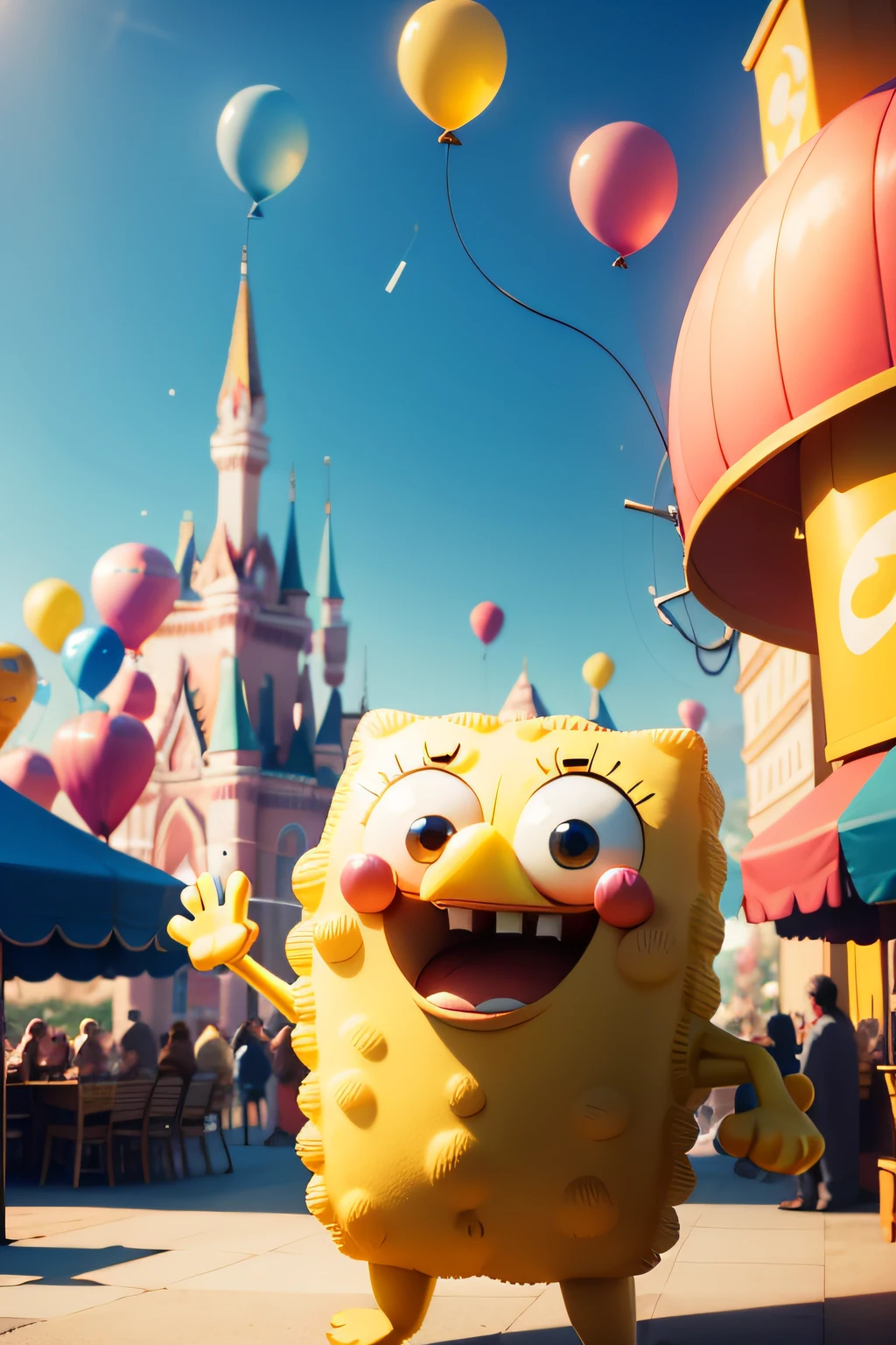 SpongeBob,An amusement park,holding balloons,Perfect quality,Clear focus(Clutter - home:0.8), (tmasterpiece:1.2) (realisticlying:1.2) (Bokeh) (best qualtiy) (detailedskin:1.3) (complexdetails) (8K) (detailedeyes) (Sharp focus),(having fun)