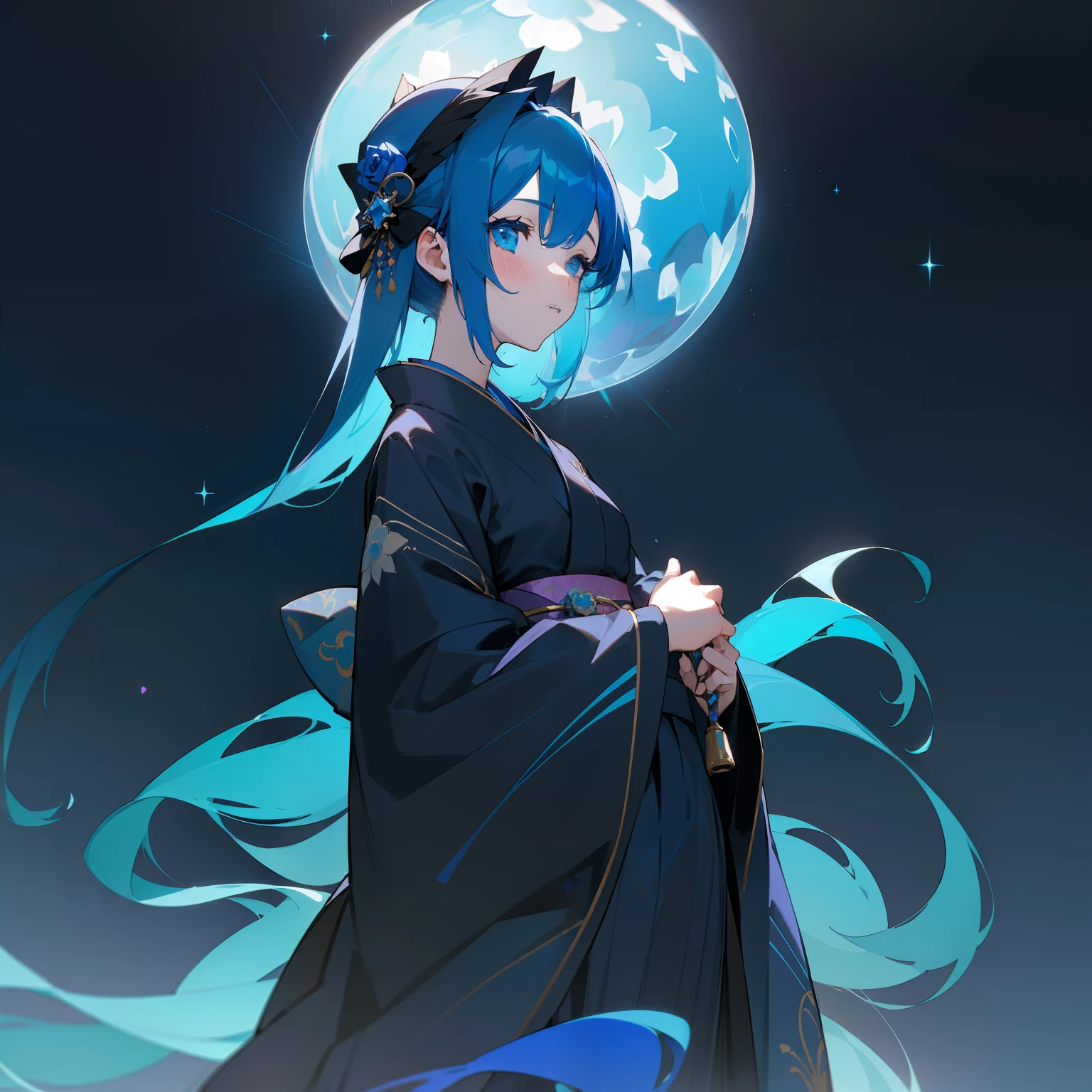(Beautifully Aesthetic:1.2)、(1girl in:1.3)、(Black and blue colorful hair:1.2)、Wearing colorful blue and black kimono、Many blue roses are blooming、miracle、God bless、Eau、natta、starrysky、Beautiful fece、