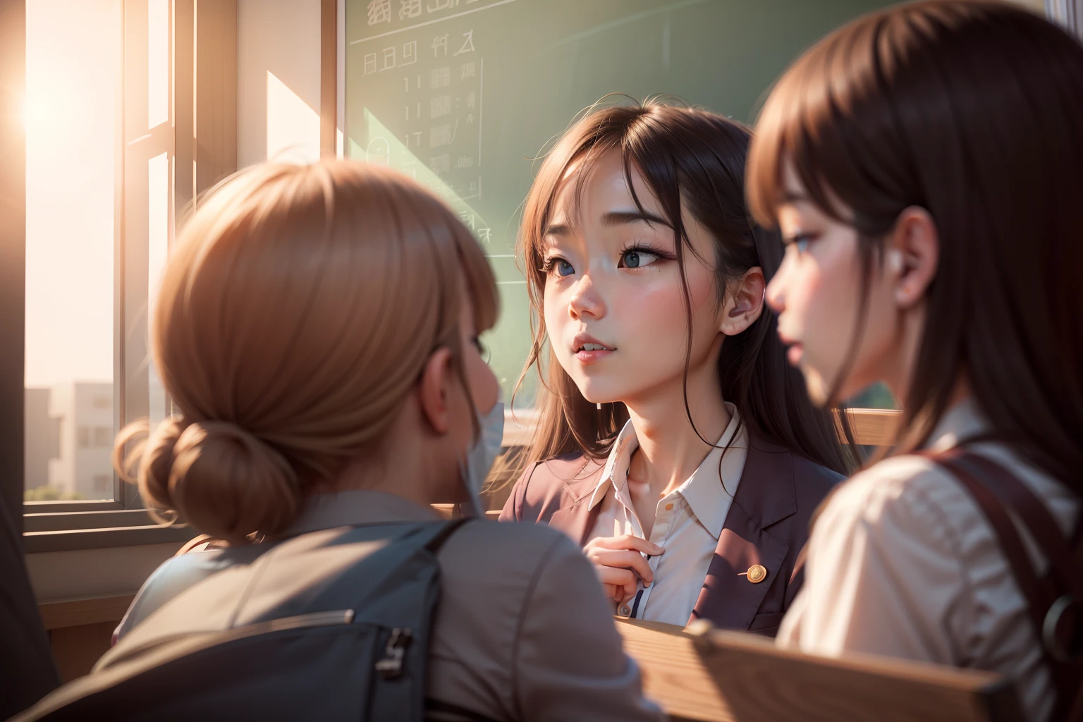 Bright classrooms under the sun，A teacher is giving a lesson to a student。真实感，Commercial photography style，The students' delicate facial features。8K picture quality。