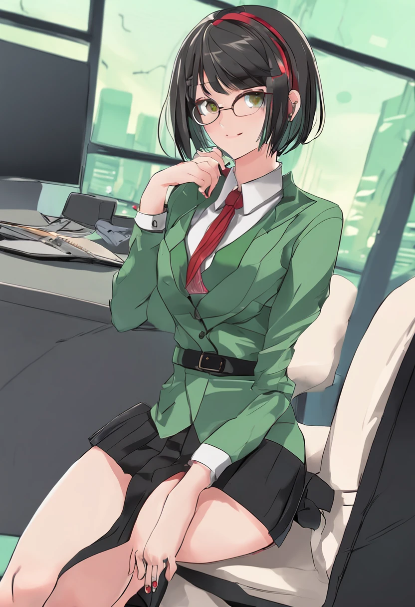Office Short hair Girls Light green hair Upper shirt Lower skirt Hip skirt Delicate makeup Raised front and back Side body Wearing black stockings Red high heels