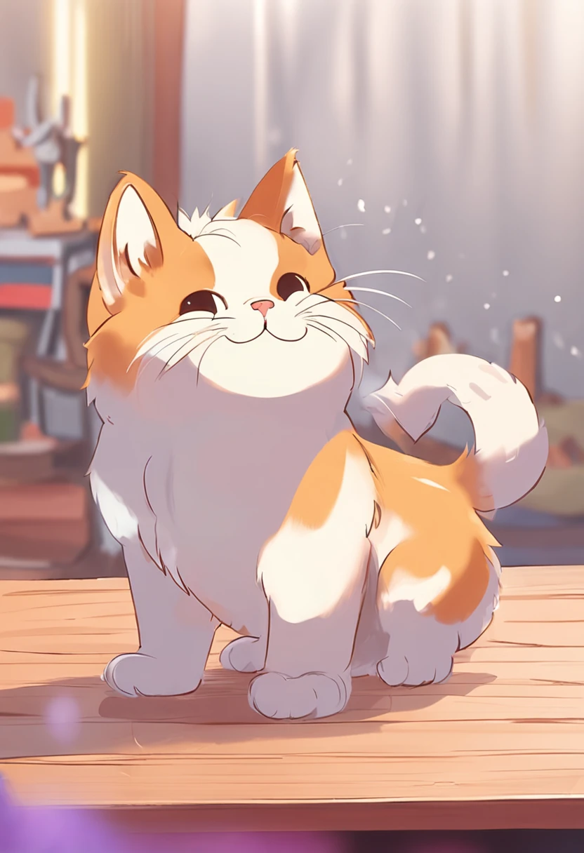 The kitten is named "Hairball"，It is an extremely cute little animal。Its fur is soft and delicate，Presents distinctive orange and white spots，Makes it look like a ripe hairball。Its eyes are bright and twinkle，One blue and one yellow，It is impossible to resist the pampering of it。

The little face of the hairball is so delicate and cute，So much so that you can't help but want to kiss it。Whenever it touches your cheek with that cute little nose，You will feel incredibly happy。Its little ears always stand up straight，It's like two little triangles，It gives it more cuteness。

Hairball's behavior is also very cute。It likes to sleep curled up on the windowsill on sunny days，When the sun shines on its body，Its fur looks like golden honey。While it plays，It will pounce into the air with its small paws，It's like playing with invisible friends in the air。

The call of the hairball is also very cute。When it needs food、When playing or just wanting to have someone accompany it，It will meow in that sweet little voice。Whenever you hear its call，You'll feel incredibly happy。

generally，Furball is a very cute kitten，Its fur、The eye、The manners and voices make it impossible to resist the love for it。Whenever you see it at home，You will feel immense joy and happiness。