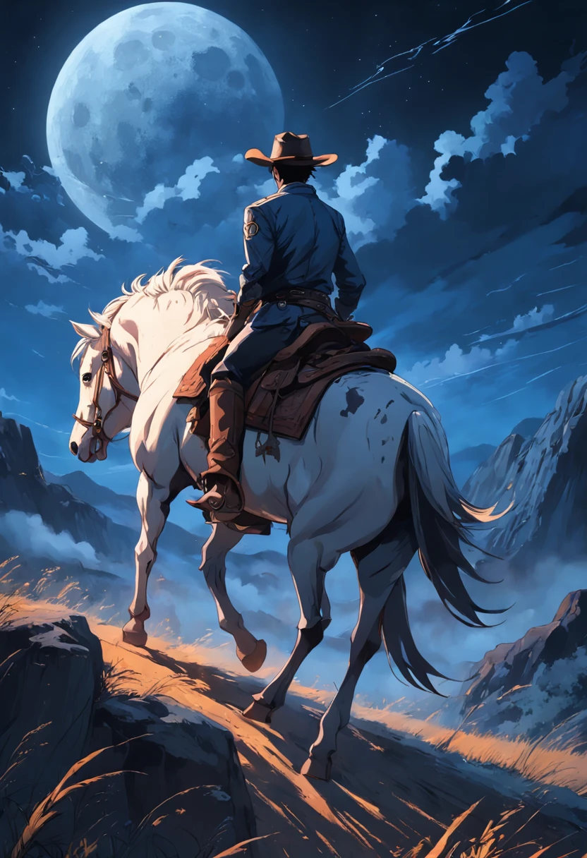 There is a man on a horse in front of a full moon, Andar a cavalo na lua, vaqueiro, Cowboy na Faixa, Back photo of a cowboy, No Velho Oeste, O Cowboy no Estranho Oeste, Velho Oeste, Lone guard, sonho de vaqueiro, quadrinhos ocidentais inspirados, lonely rider, Directed by: Cindy Wright, space western, Fotografia Moonwalker