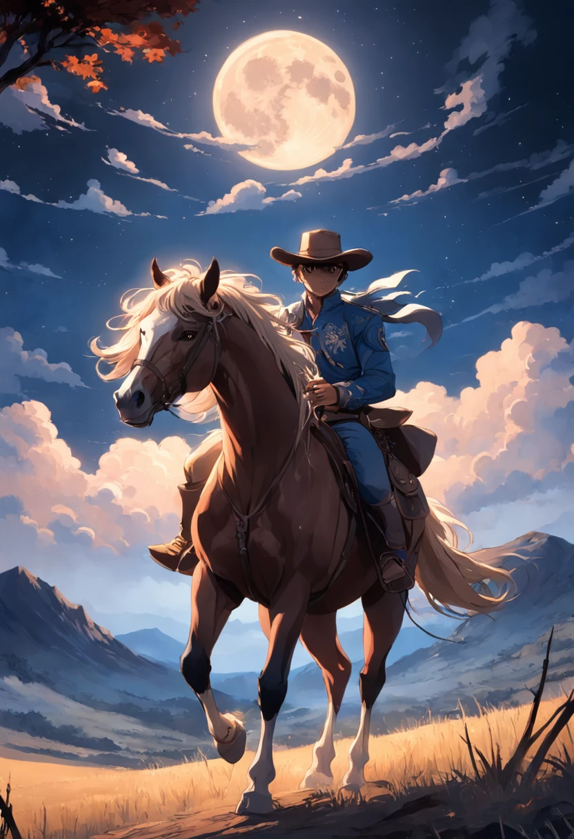 There is a man on a horse in front of a full moon, Andar a cavalo na lua, vaqueiro, Cowboy na Faixa, Back photo of a cowboy, No Velho Oeste, O Cowboy no Estranho Oeste, Velho Oeste, Lone guard, sonho de vaqueiro, quadrinhos ocidentais inspirados, lonely rider, Directed by: Cindy Wright, space western, Fotografia Moonwalker