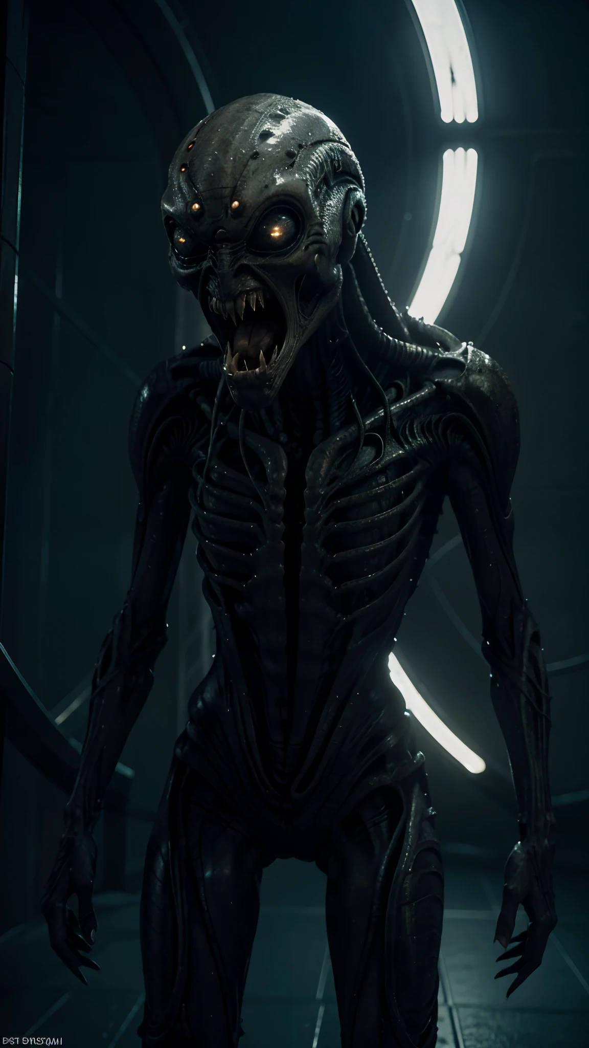 Alien creatures，（Blood vessel attached to tube），bucktooth，Tongue stock，Skin lines，Black organization，
（（tmasterpiece），（best qualtiy），（ultra - detailed），   
fanciful， sci-fy， terroral， Long tail， extraterrestial， glowing light eyes，
Realistic HNSRDLF style complex biomechanical details
masterpiece， an award winning photograph， analogue style， dark chamber， Dim light