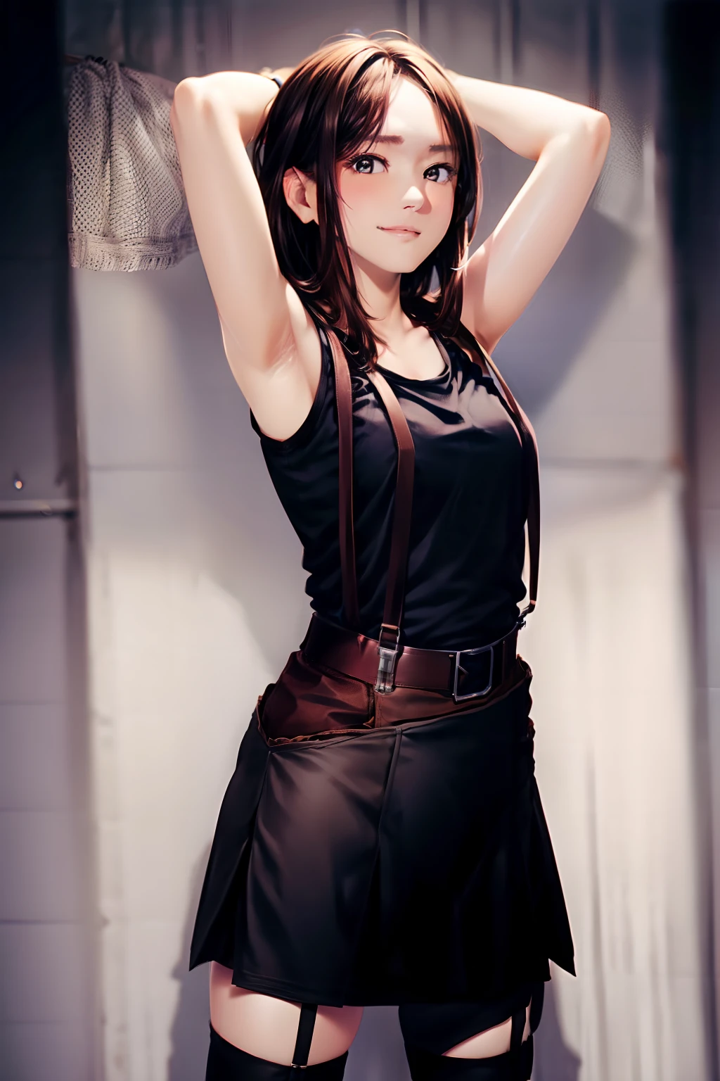 a black skirt, Tank Tops　suspenders, Brown hair short, Gray eyes, holster, Garter belt on the legs, moderate chest and tight clothes, both sides　　 a belt　Armpit sweat　Fold your hands behind your head