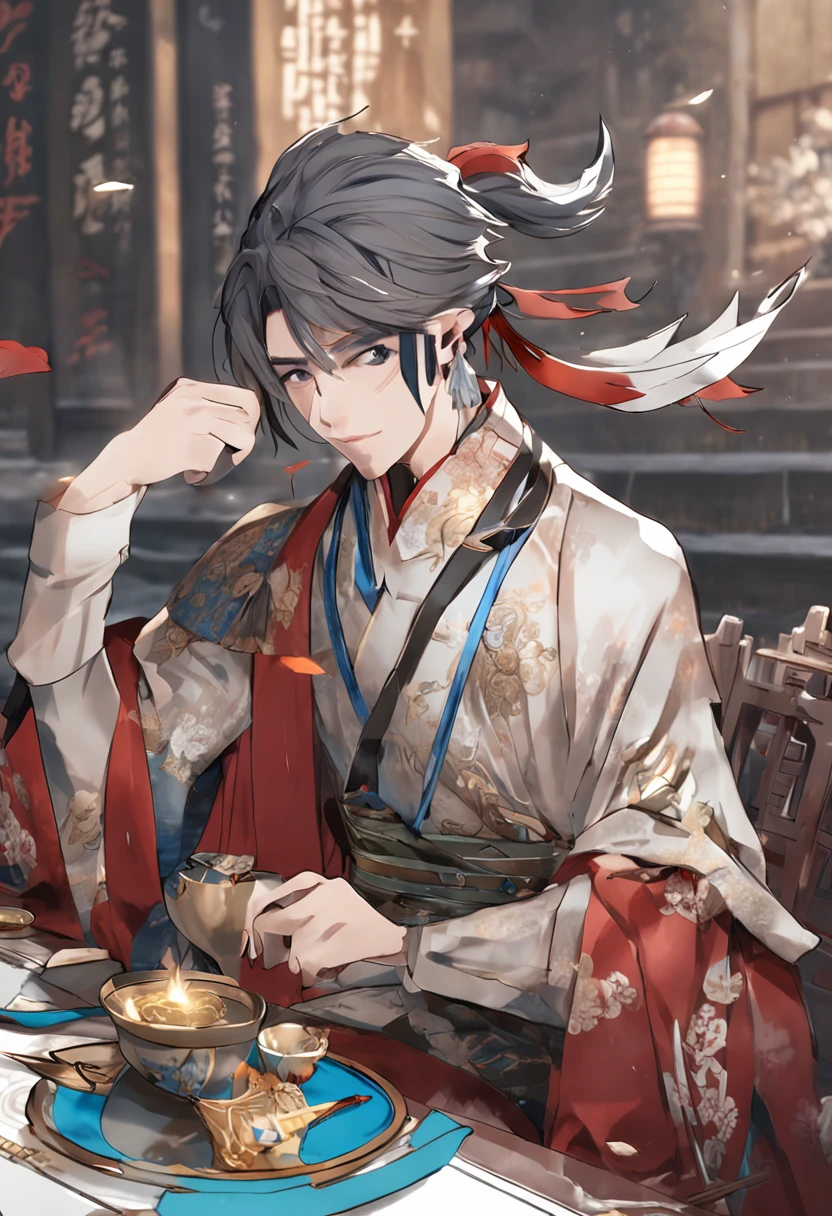 Close-up of a person sitting at a table with a cup, heise jinyao, zhao yun, xianxia hero, Inspired by Seki Dosheng, zhongli from genshin impact, inspired by Yang Jin, inspired by Wuzhun Shifan, Inspired by Zhao Yuan, Handsome, inspired by Zhao Mengfu