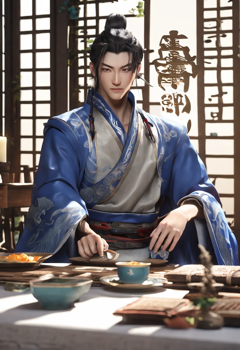 Close-up of a person sitting at a table with a cup, heise jinyao, zhao yun, xianxia hero, Inspired by Seki Dosheng, zhongli from genshin impact, inspired by Yang Jin, inspired by Wuzhun Shifan, Inspired by Zhao Yuan, Handsome, inspired by Zhao Mengfu
