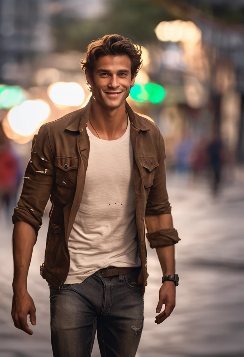 Cinematic soft lighting illuminates a handsome Brazilian male model with stunning detail and ultra-realistic,Full body photo of the front,Handsome look,Messy short brown hair,Clear honey eyes,Charming perfect smile,Raised sexy,Hot man,Insanely Handsome,This is the trend on the ArtStation。The Octane is the perfect tool to capture the softest details of this 16k photographic masterpiece。
