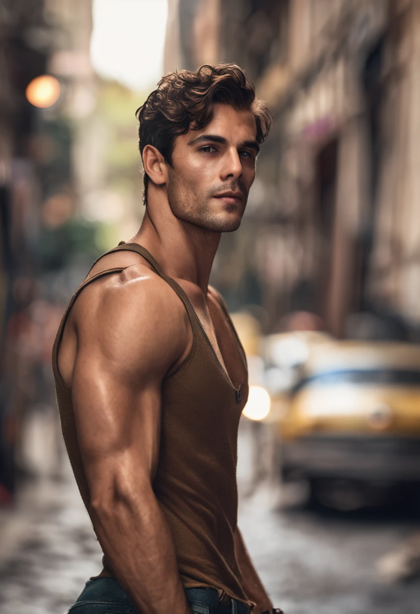 Cinematic soft lighting illuminates a handsome Brazilian male model with stunning detail and ultra-realistic,Full body photo of the front,Handsome look,Messy short brown hair,Clear honey eyes,Charming perfect smile,Raised sexy,Hot man,Insanely Handsome,This is the trend on the ArtStation。The Octane is the perfect tool to capture the softest details of this 16k photographic masterpiece。