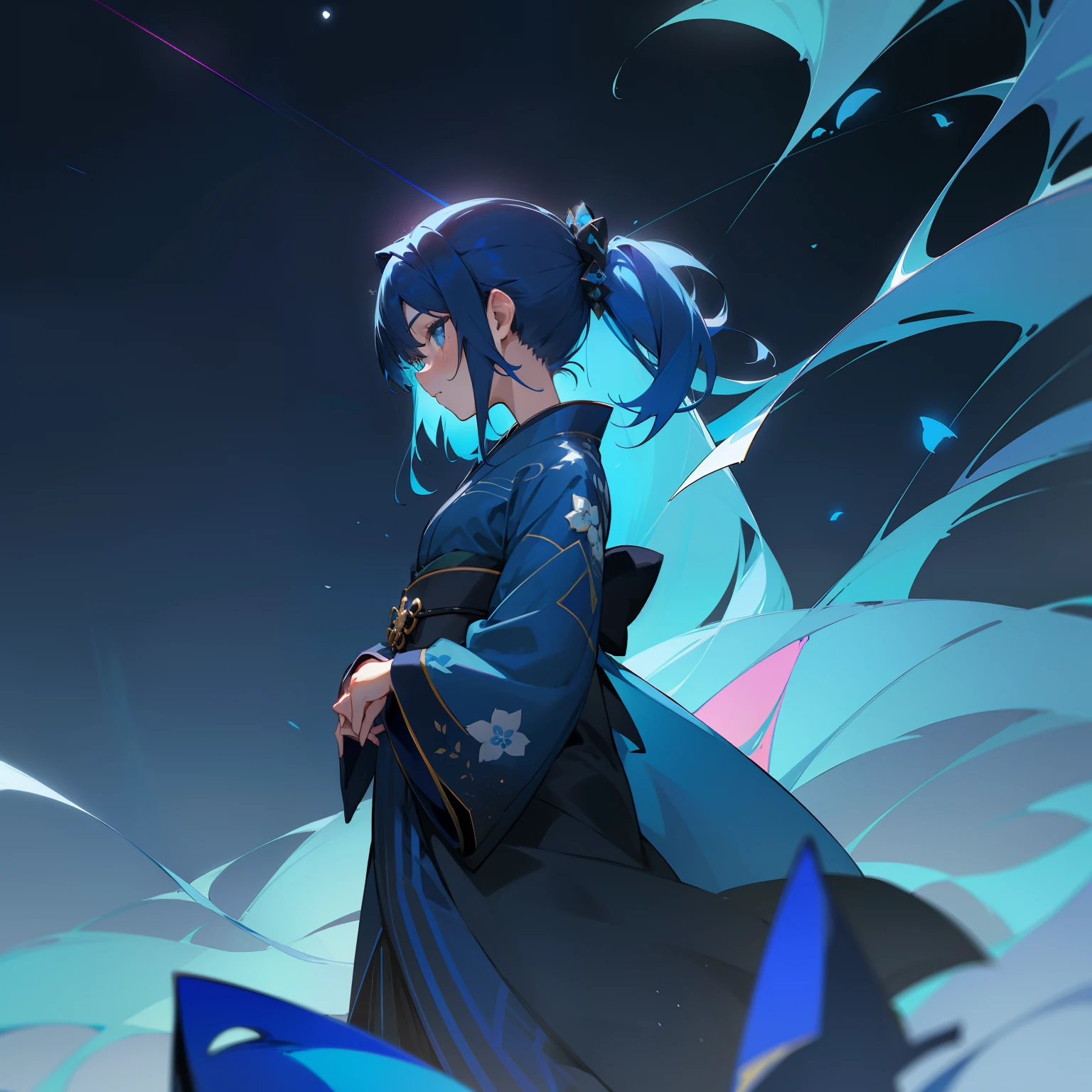 (Beautifully Aesthetic:1.2)、(1girl in:1.3)、(Black and blue colorful hair:1.2)、Wearing colorful blue and black kimono、Many blue roses are blooming、miracle、God bless、Eau、natta、starrysky、Beautiful fece、
