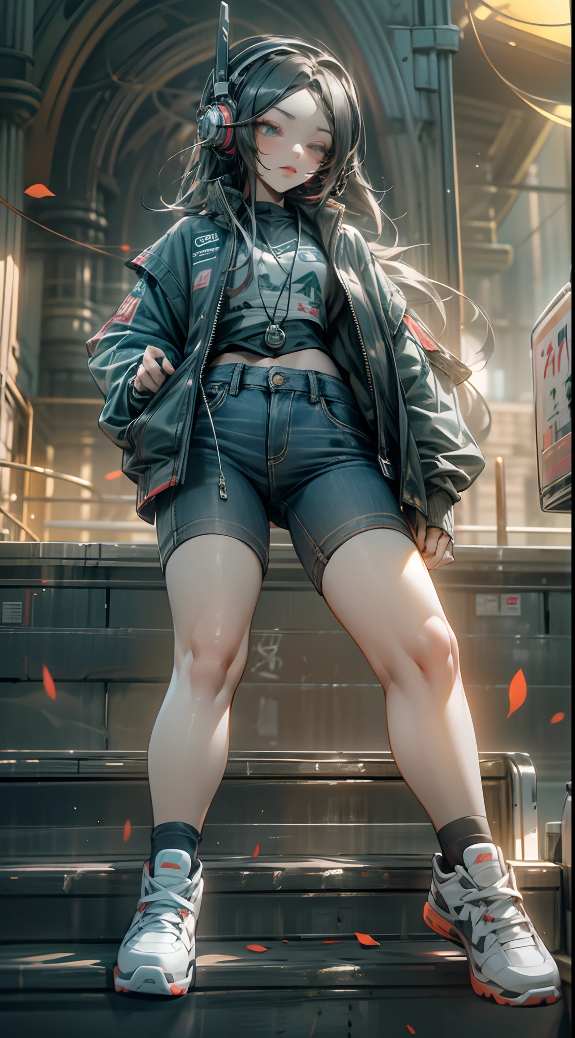 （（best qualtiy））， （（tmasterpiece））， （A detailed：1.4），（（full bodyesbian）），Enhanced dynamic perspective，Beautiful sexy esports girl，夏天，vests，denim short，athletic sneakers，with headphones on，Hold the keyboard，Come to me，Future sci-fi city street，Street photography，Bright colors，dream magical，optic，high qulity，super-fine，Detailed pubic hair，Accurate，Cinematic lighting，OC renderer