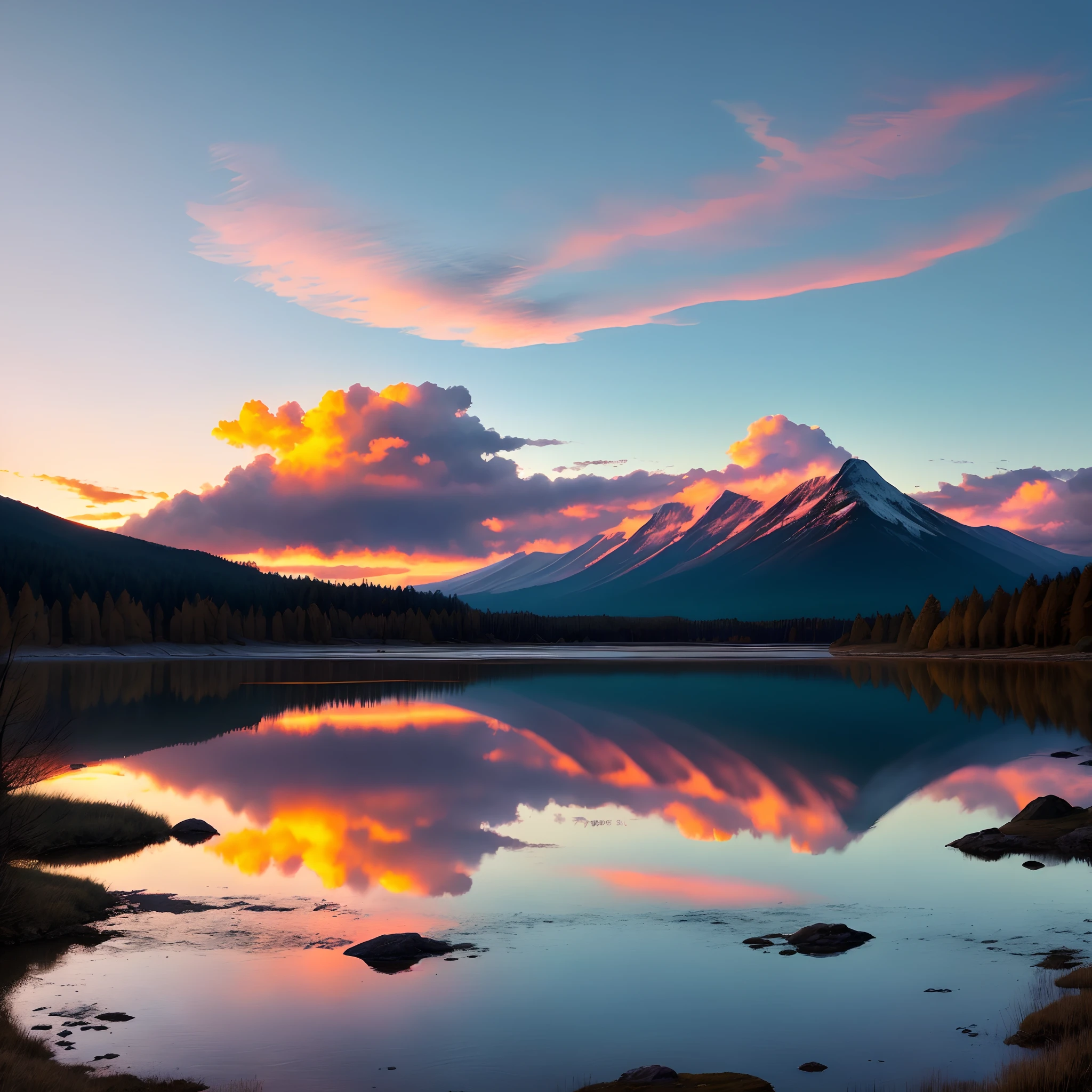 mirror lake,blue-sky,High mountains in the distance,Burning clouds,the sunset,Towering woods