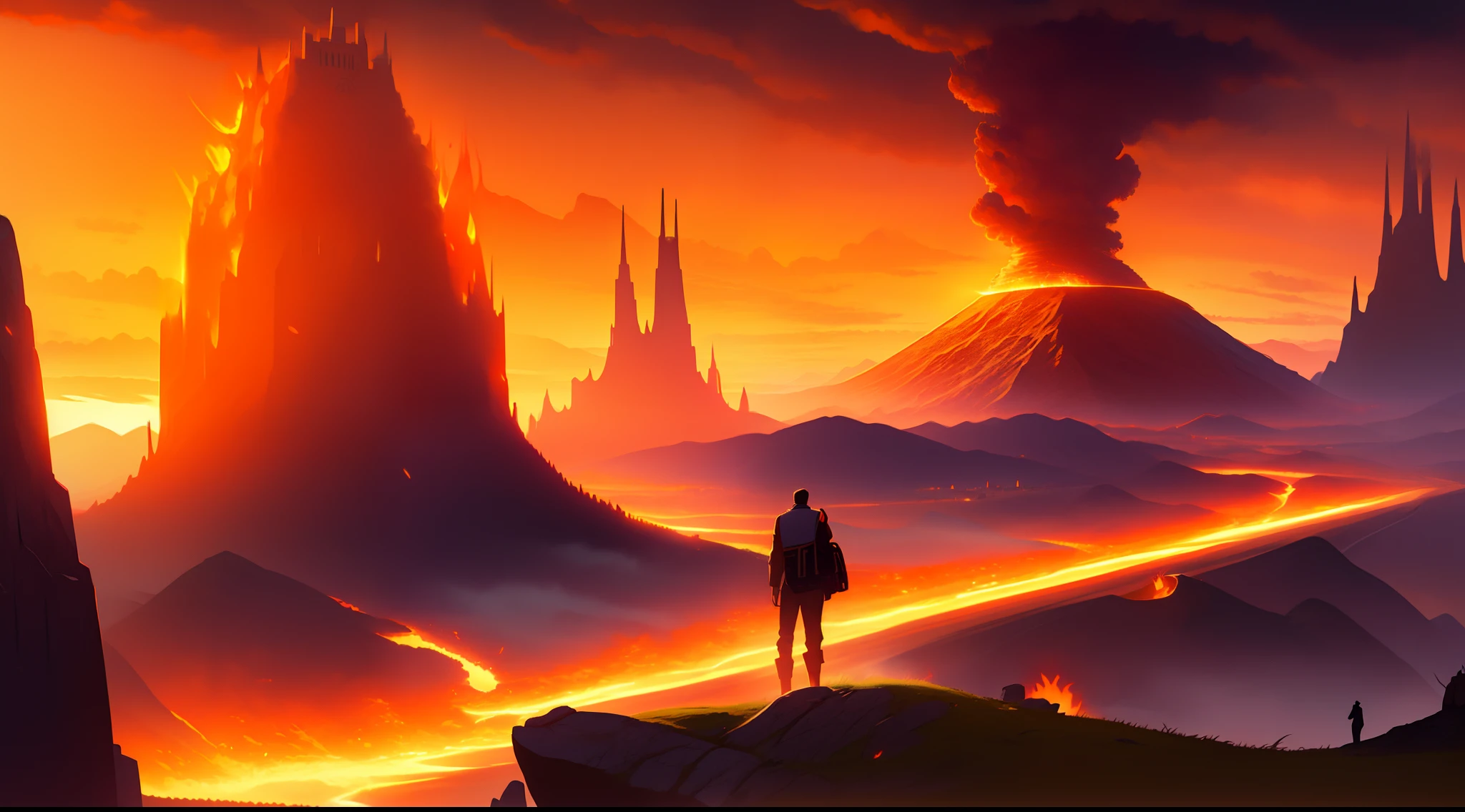 "A masterpiece with optimal quality: seul au monde, A man from behind on a steep mountain, orange sky, offering stunning views of a grandiose landscape revealing a fantastic city with tall towers, and a single monstrous volcano erupting in the distance, la ville n'est pas en feu."