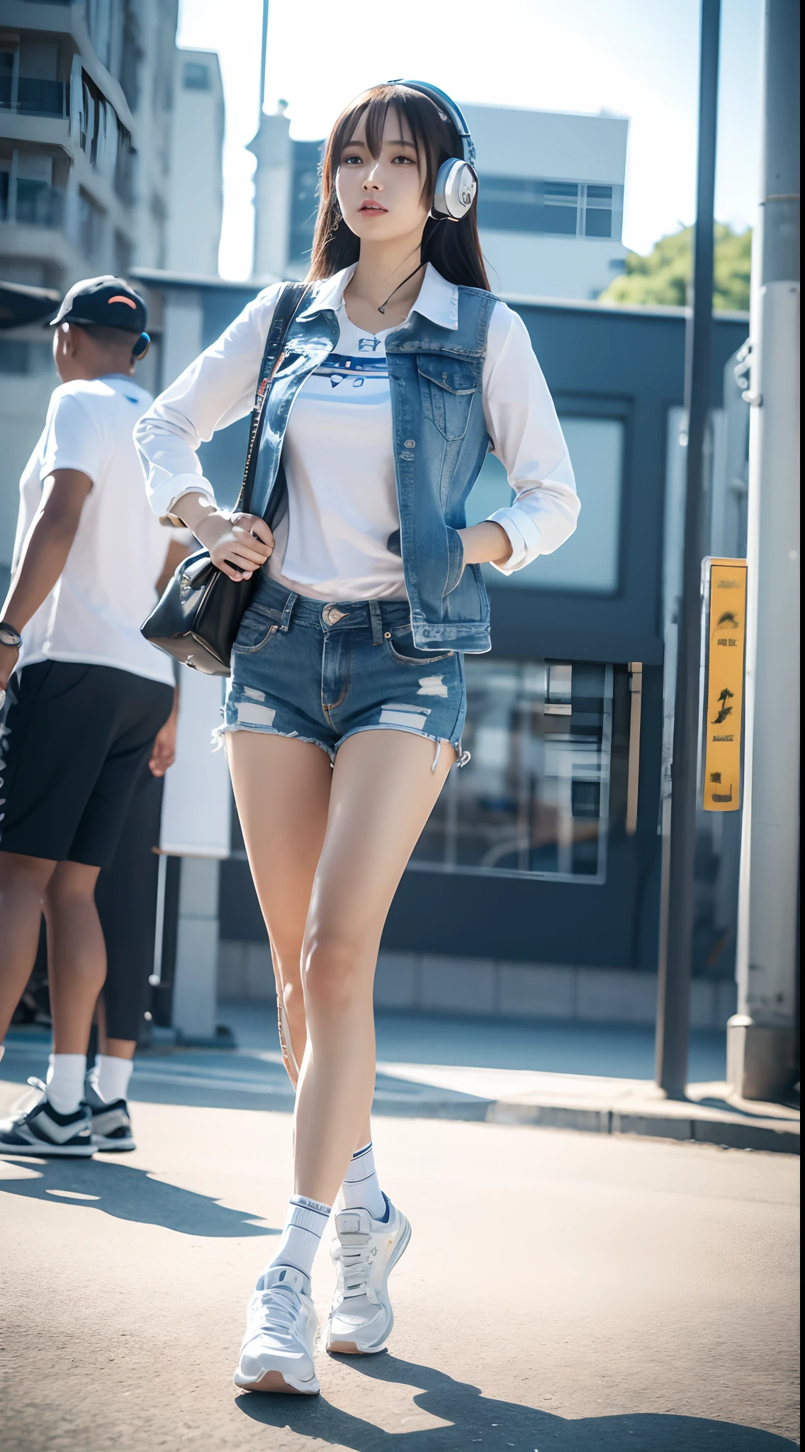 ((best qualtiy)), ((tmasterpiece)), (A detailed:1.4),((full bodyesbian)),Enhanced dynamic perspective,Beautiful sexy esports girl,夏天,vests,denim short,athletic sneakers,with headphones on,Hold the keyboard,Come to me,Future sci-fi city street,Street photography,Bright colors,dream magical,optic,high qulity,super-fine,Detailed pubic hair,Accurate,Cinematic lighting,OC renderer