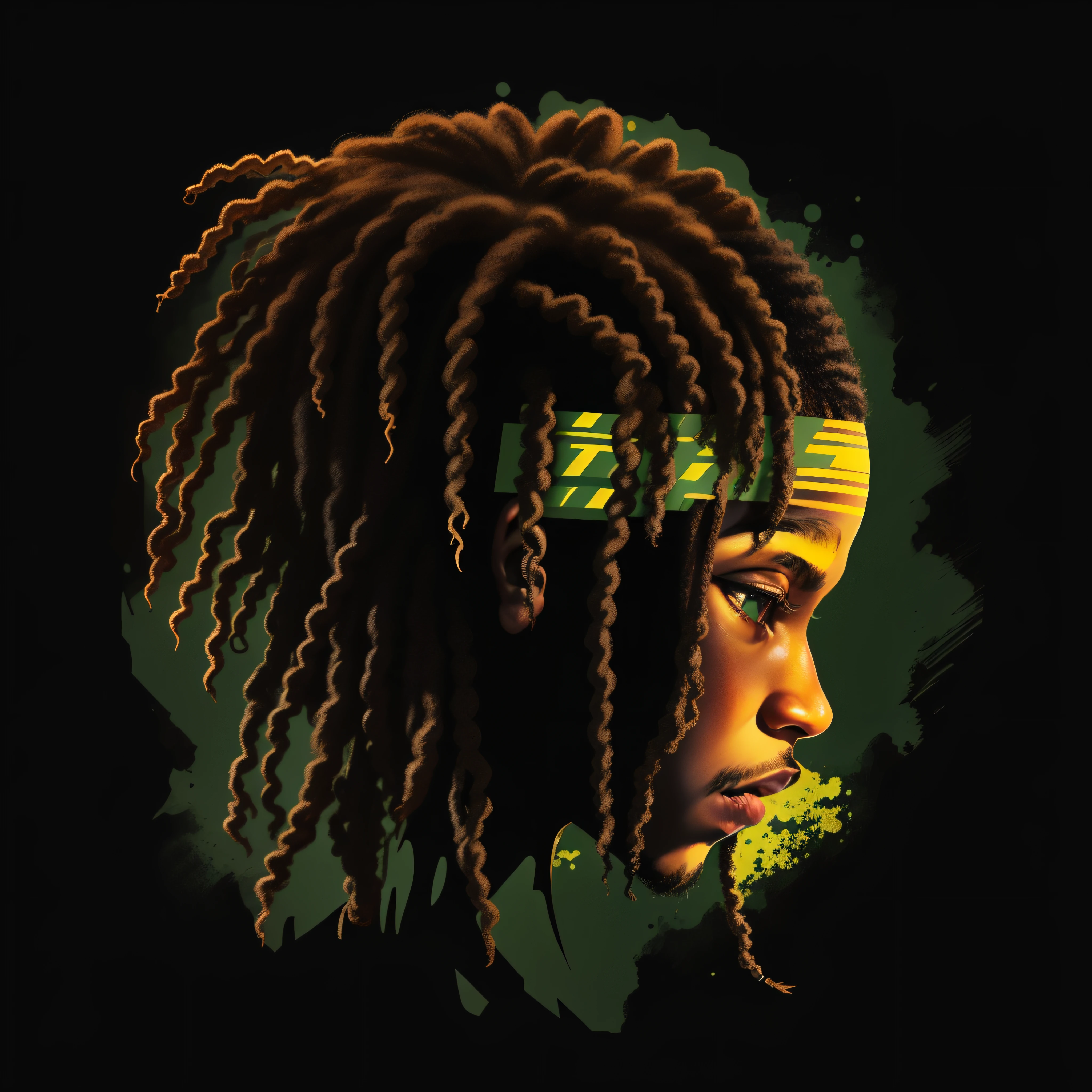 Create a logo with the head of a black man with dreadlocks in black colors, verde, amarelo e vermelho (olhando para a frente) , imagem estilo logomarca , Sober, (fundo preto), Image with resolution of at least 300dpi, UHD 8k, Very high quality for excellent printing. Lighting that highlights the figure in relation to the background, cores do reggae, Estilo da camada de disco