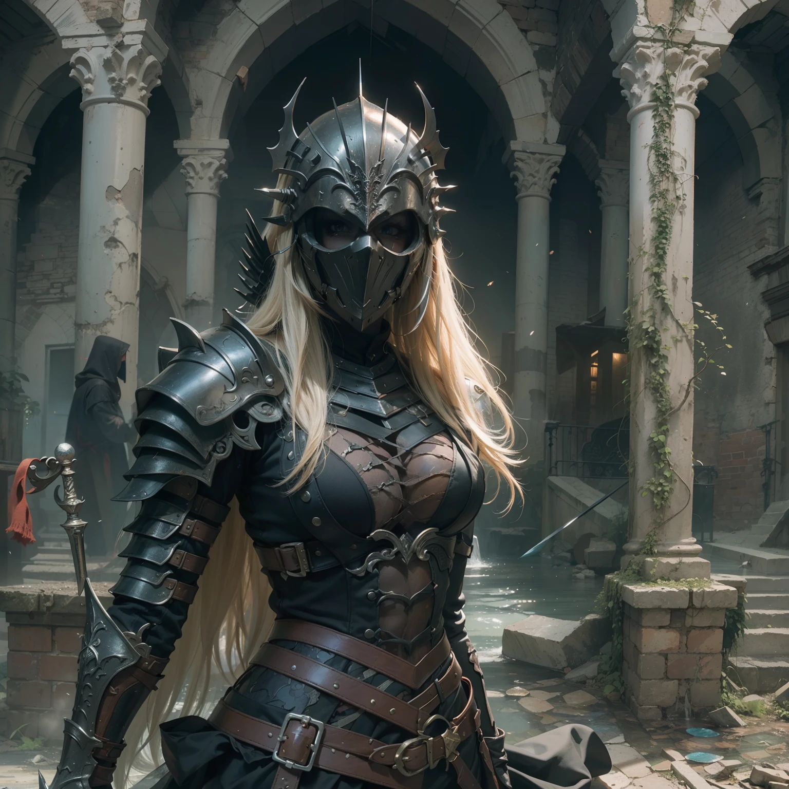 Numerous award-winning masterpieces of, With incredible details, textures and maximum detail, Black leather mask, (knight in black), delicate embellishments, (Black full body armor，Exquisitely decorated), (((Not wearing a helmet))), (((full-body portraits))), ((head looking up)), ((Looking down)), (((full-body standing image))), (dramatic pose), (gorgeous posture), (Beautiful pose), Beautiful silver hair, beautiful blonde hair ,black web robe, Spider on armor, Black blade in hand, Strong warriors, Agile Warrior, ((medieval world)), fantasy, ((Dramatic photo)), ((dynamic photo)), Full body view, Highly detailed, Ultra-realistic, Intricate details, Painting (artwork of a), ((Masterpiece,Best quality)), ((Cinematic light)), Ultra photo realsisim, fearsome, Dark fantasy , Detailed armor, Detailed helmet, epic realistic, Faded, ((com cores neutras)), art, (hdr:1.5), (pastel colour:1.2), ultra - detailed, (Art Station:1.5), Cinematic, warm lights, Dramaticlight, (Intricate details:1.1), the complex background, (greg rutkovsky:0.8), (Teal and orange:0.4), Old ruins infested with plants,Ruins of an old castle, In the dungeon, Ancient Castle Site, Abandoned mine, Deserted ruins, crumbling ruins, Ruins with clear puddles, Ruins with clear ponds, Ruins with clear calm water, Twilight, Sunset, Dusk, wavelets, ripple on water, running water, battlefield,